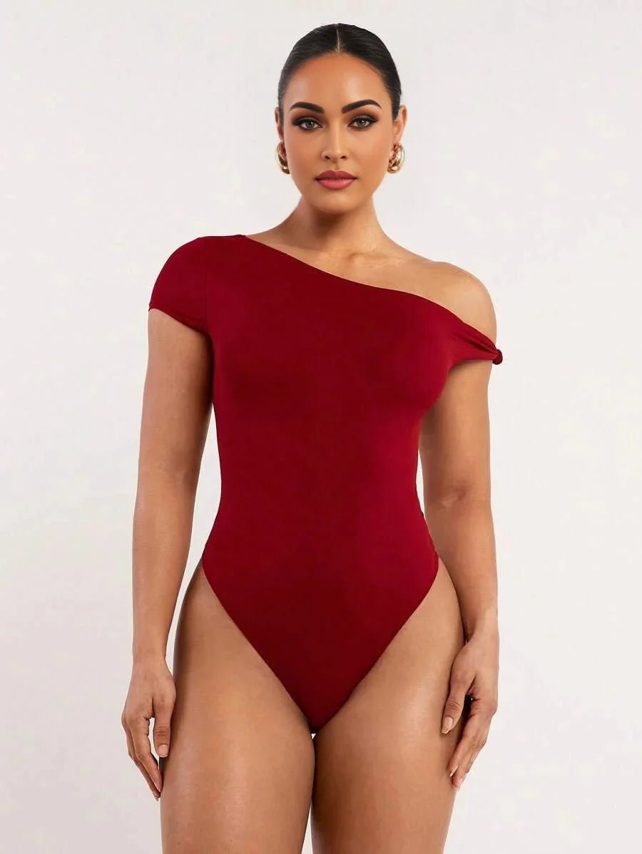 Sofia Bodysuit - High Stretch Fabric - Slim Fit - Asymmetrical, Criss Cross - Casual Style - Short Sleeve Length - Natural Waist (mid Waist)