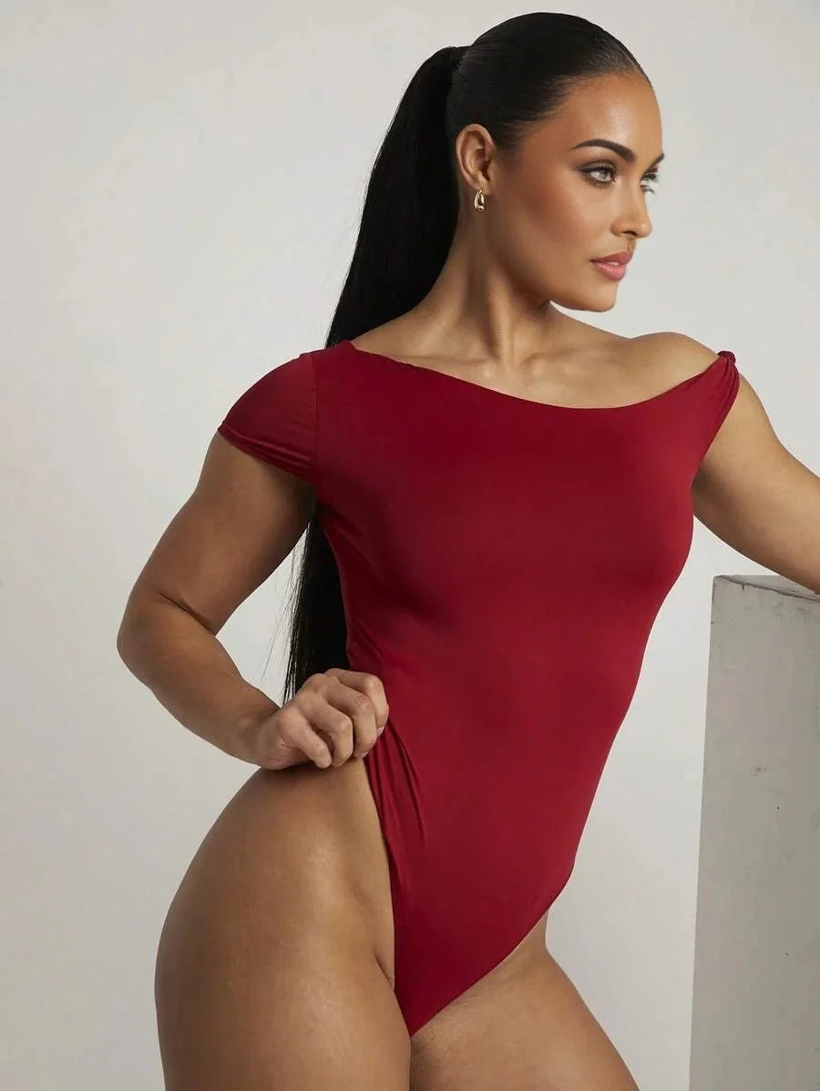 Sofia Bodysuit - High Stretch Fabric - Slim Fit - Asymmetrical, Criss Cross - Casual Style - Short Sleeve Length - Natural Waist (mid Waist)