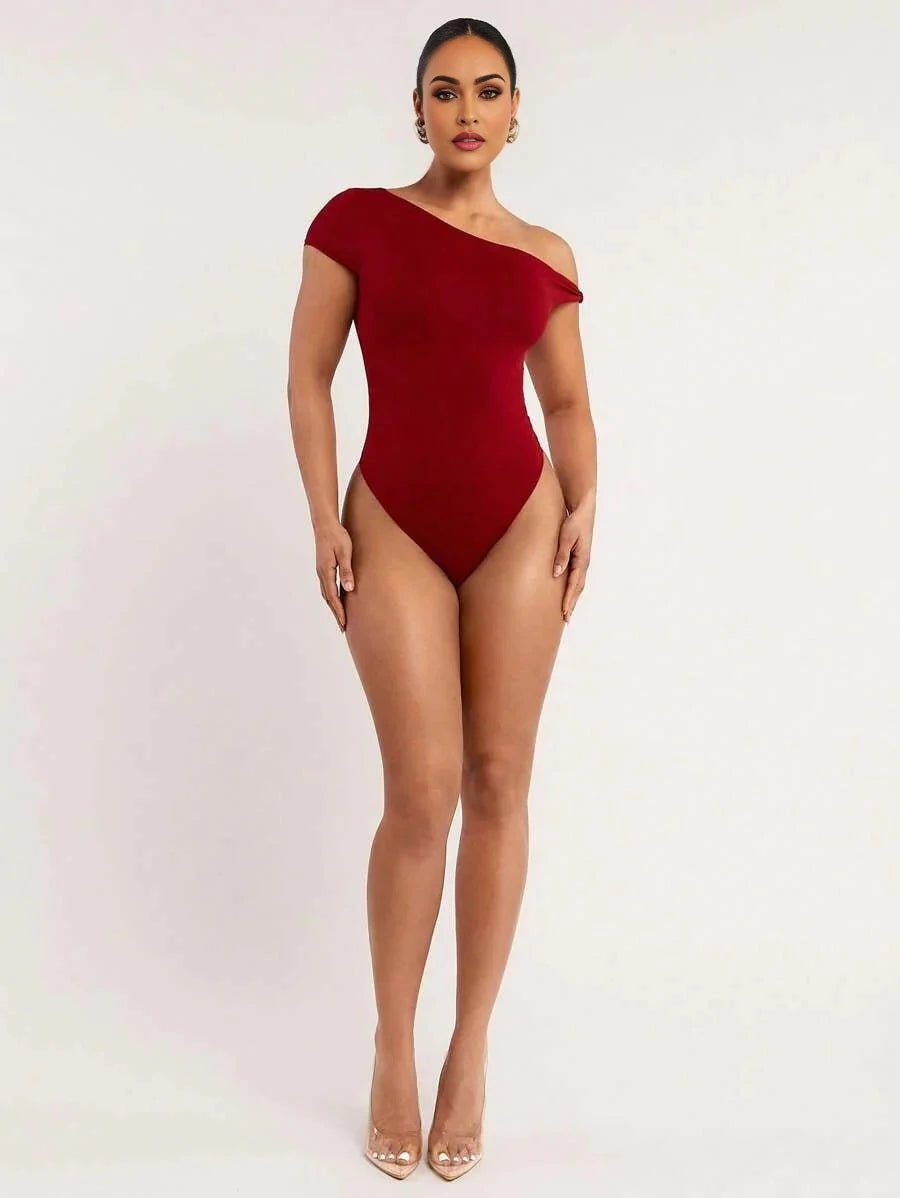 Sofia Bodysuit - High Stretch Fabric - Slim Fit - Asymmetrical, Criss Cross - Casual Style - Short Sleeve Length - Natural Waist (mid Waist)