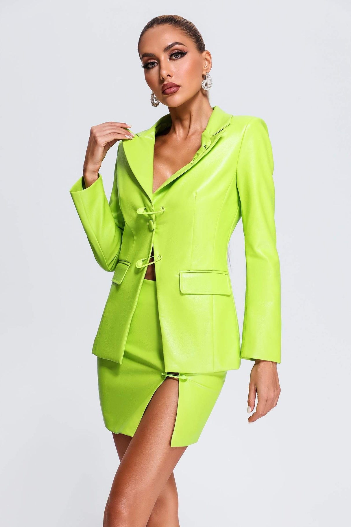 Sofia Green Leather Blazer Set with Notched Collar and Side Slit Mini Skirt