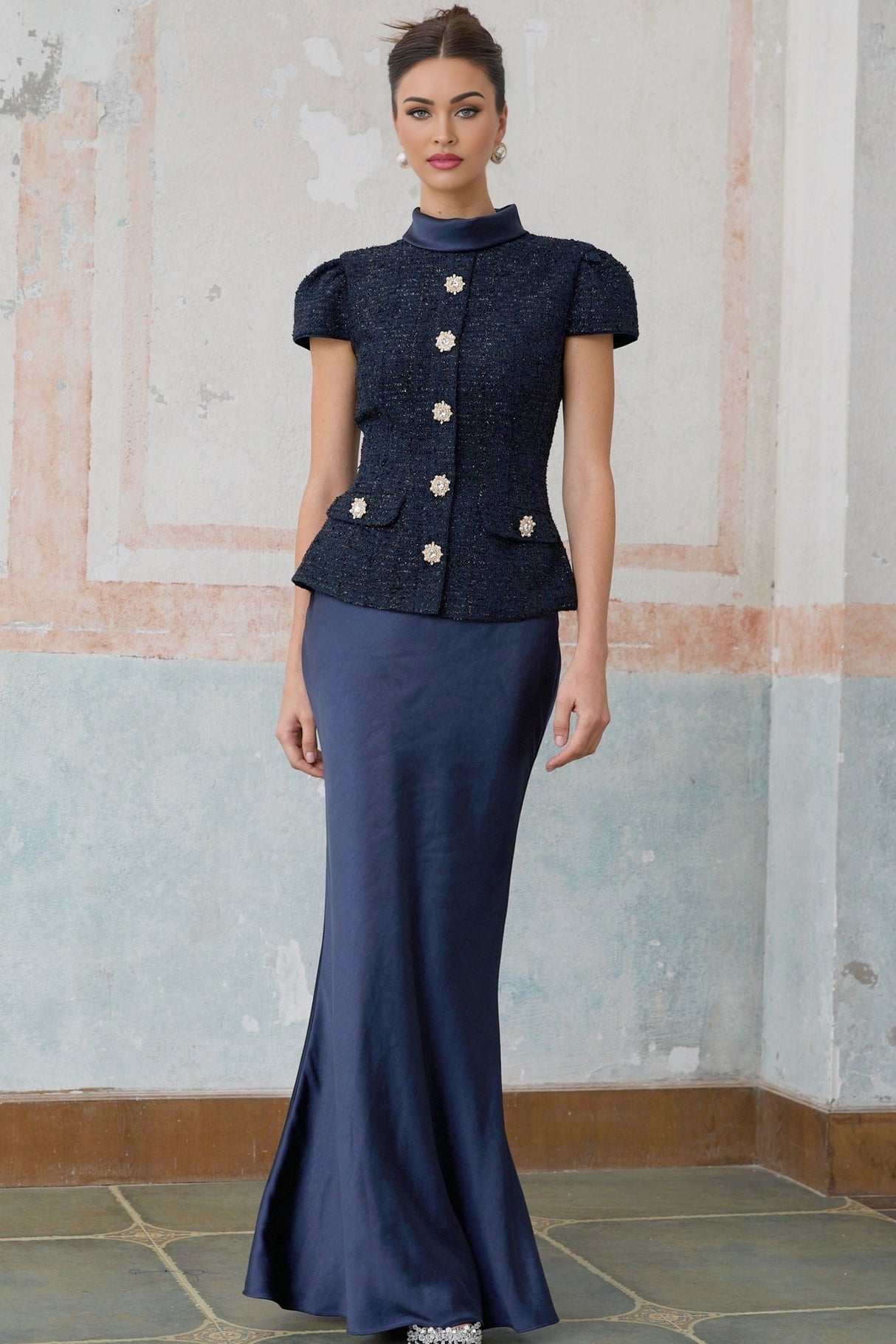 Sofia Maxi Dress - Navy Blue with Peplum Waist, Detachable Skirt