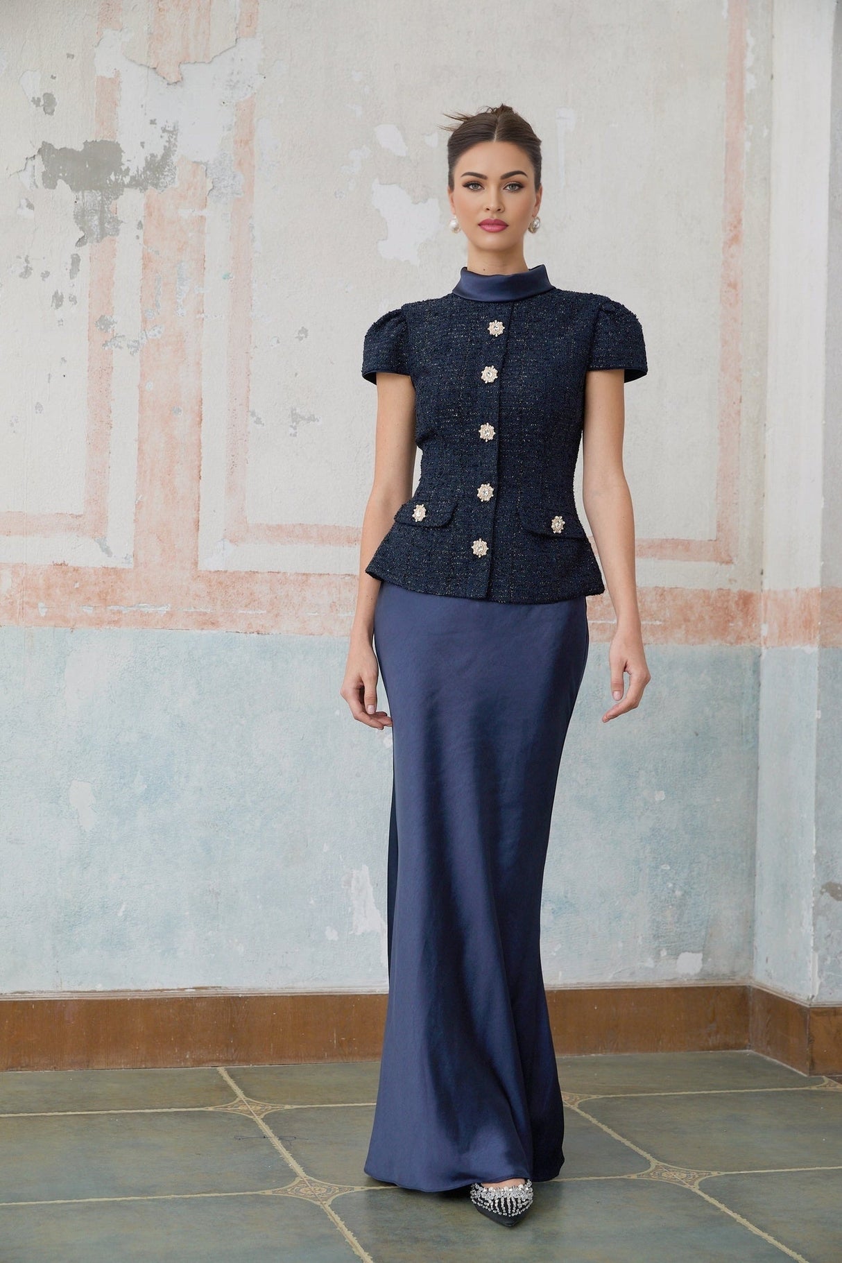 Sofia Maxi Dress - Navy Blue with Peplum Waist, Detachable Skirt