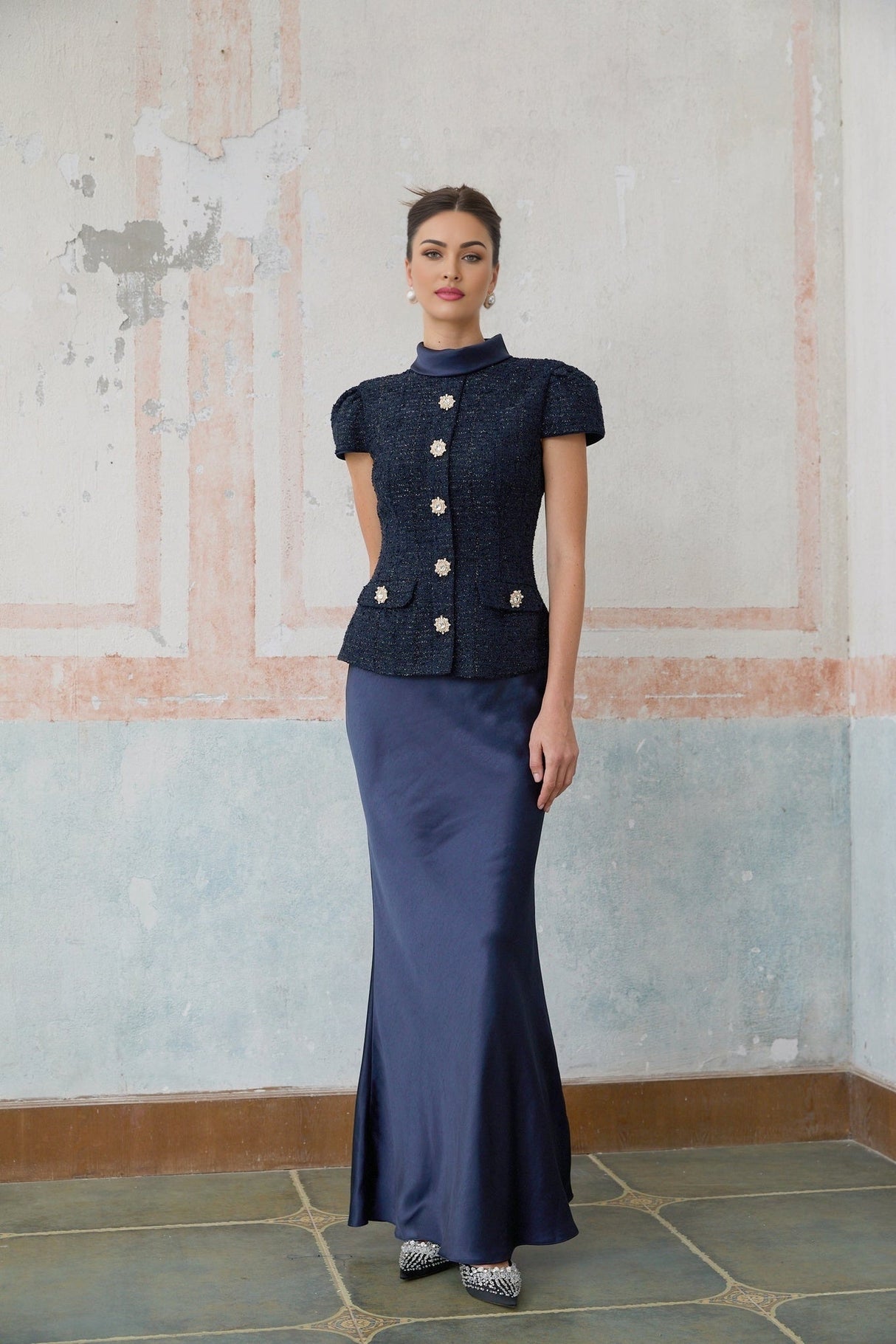 Sofia Maxi Dress - Navy Blue with Peplum Waist, Detachable Skirt