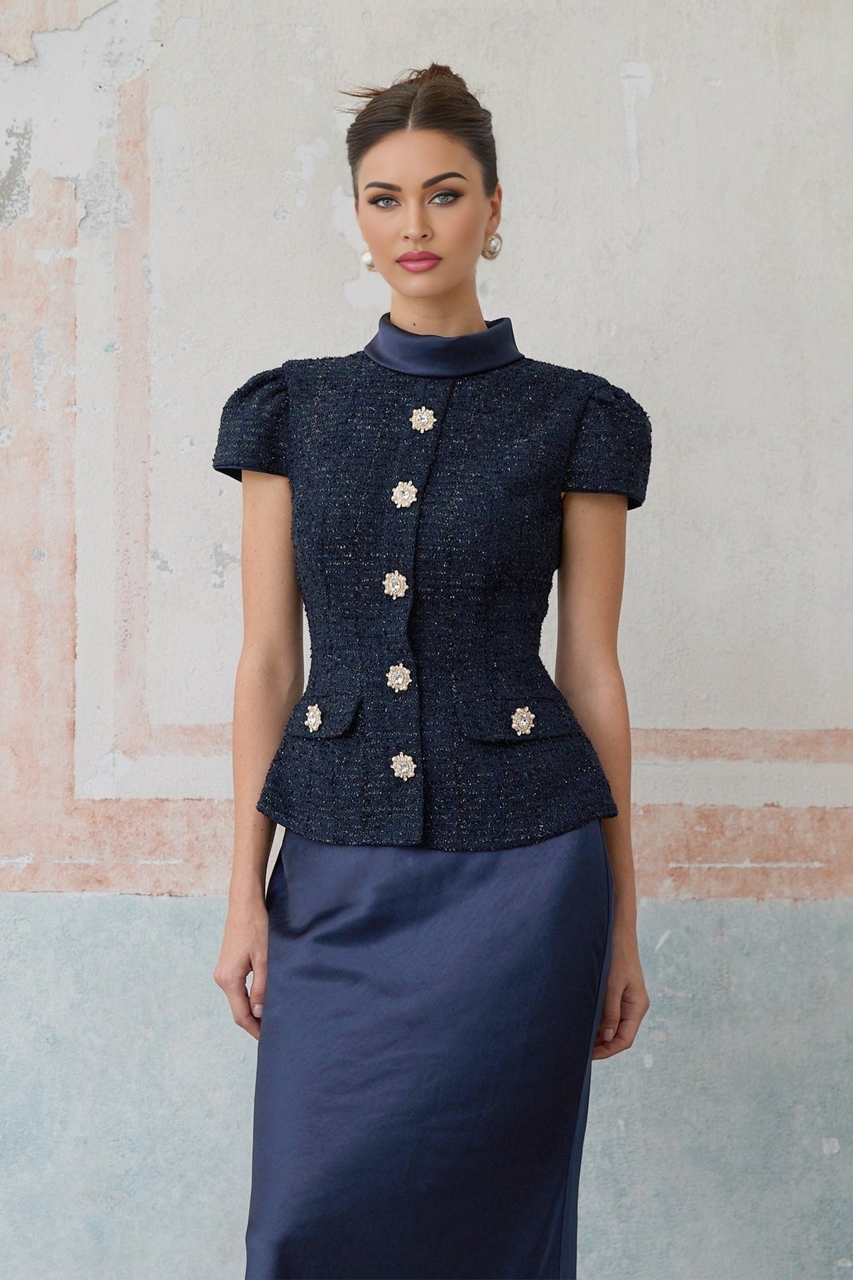 Sofia Maxi Dress - Navy Blue with Peplum Waist, Detachable Skirt