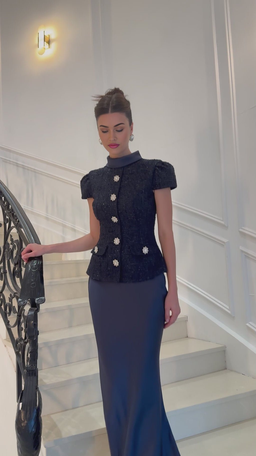 Sofia Maxi Dress - Navy Blue with Peplum Waist, Detachable Skirt