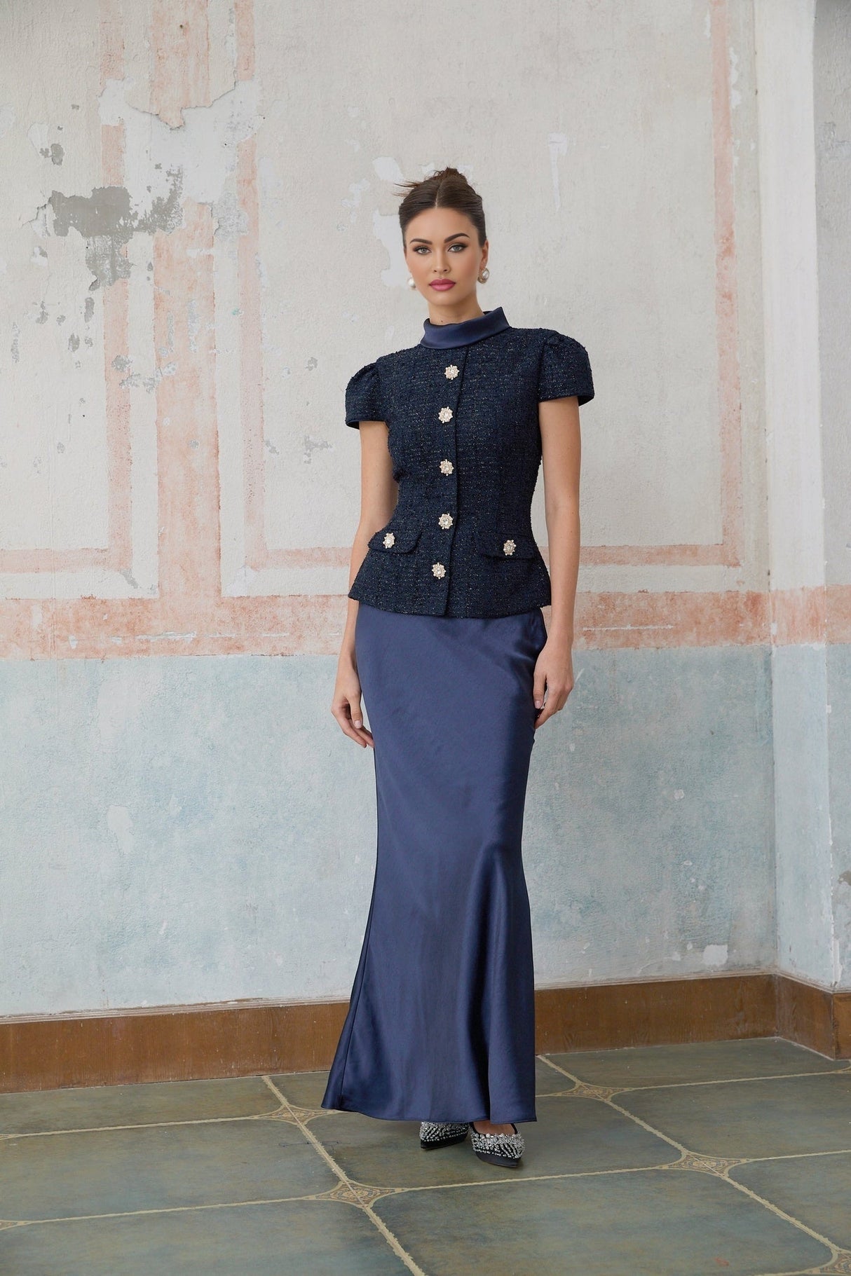 Sofia Maxi Dress - Navy Blue with Peplum Waist, Detachable Skirt