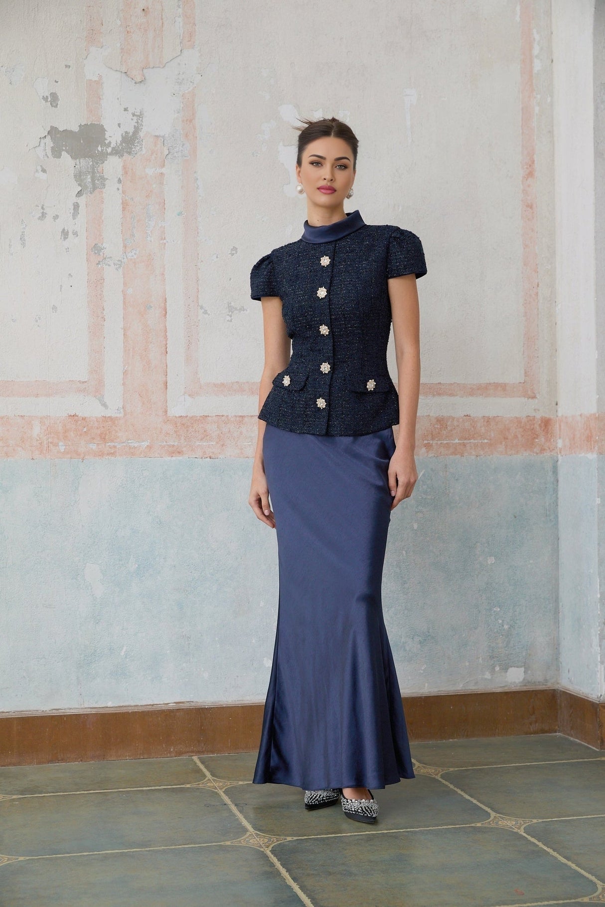 Sofia Maxi Dress - Navy Blue with Peplum Waist, Detachable Skirt