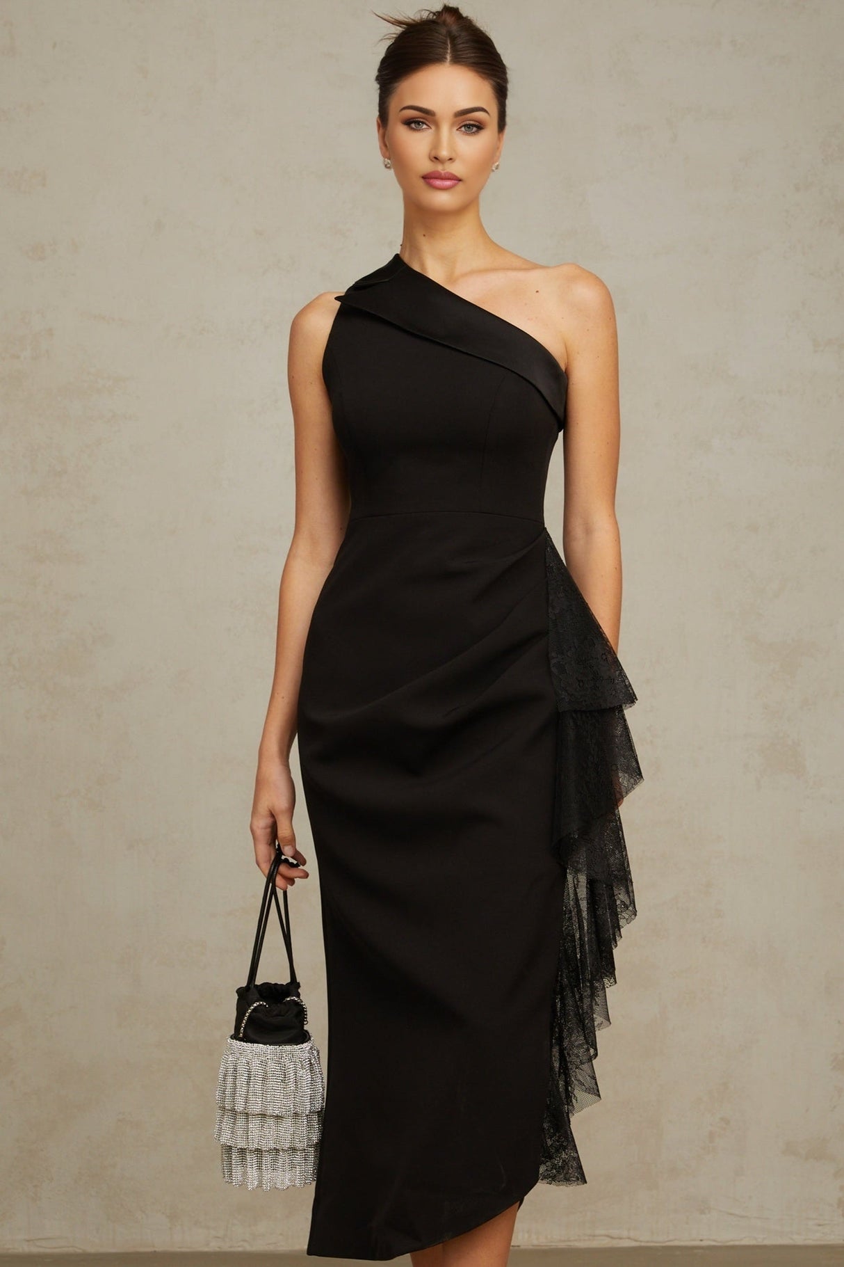 Sofia Midi Dress Black Lace Panel Ruffled Calflength