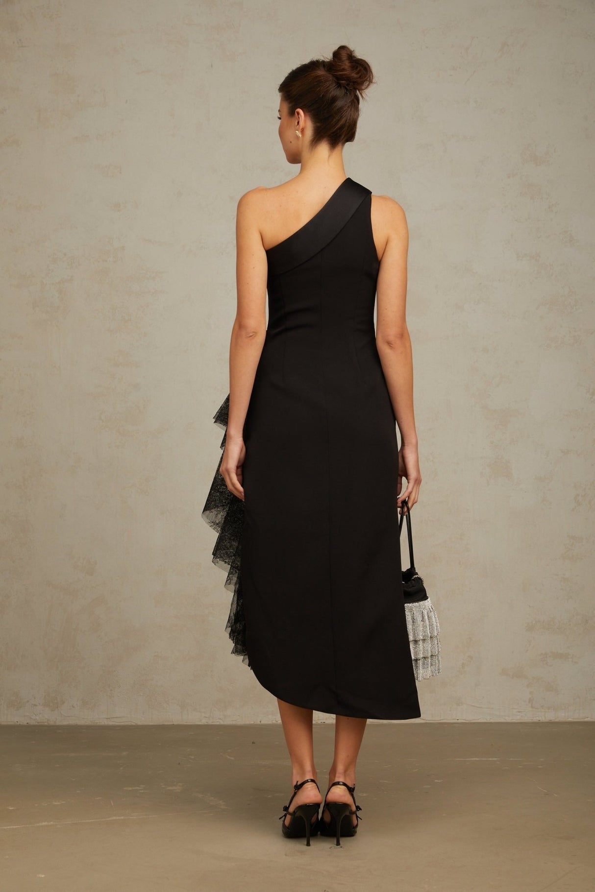 Sofia Midi Dress Black Lace Panel Ruffled Calflength