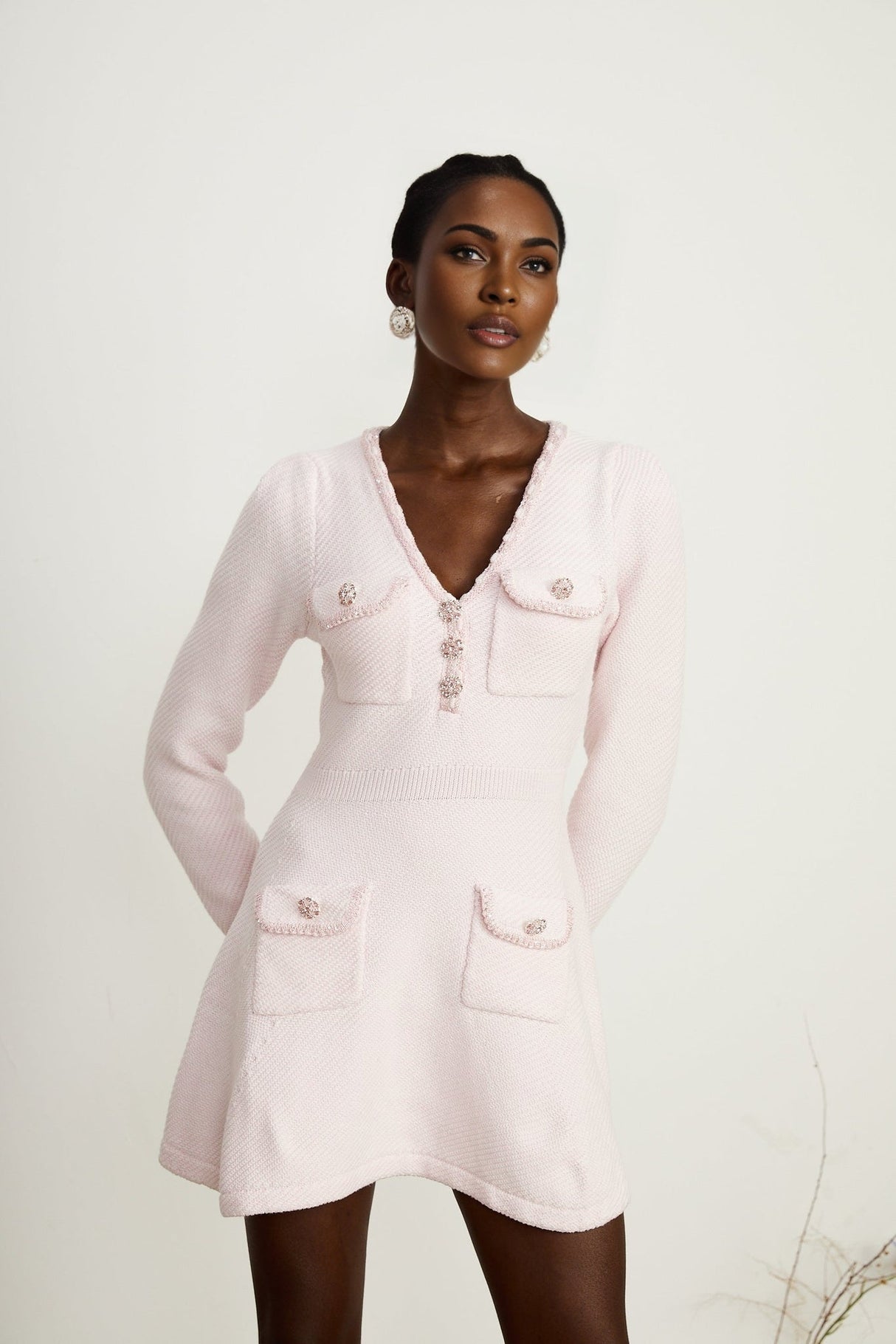 Sofia Mini Dress Pink Crystal Embellished ALine Thigh & Flap Pocket