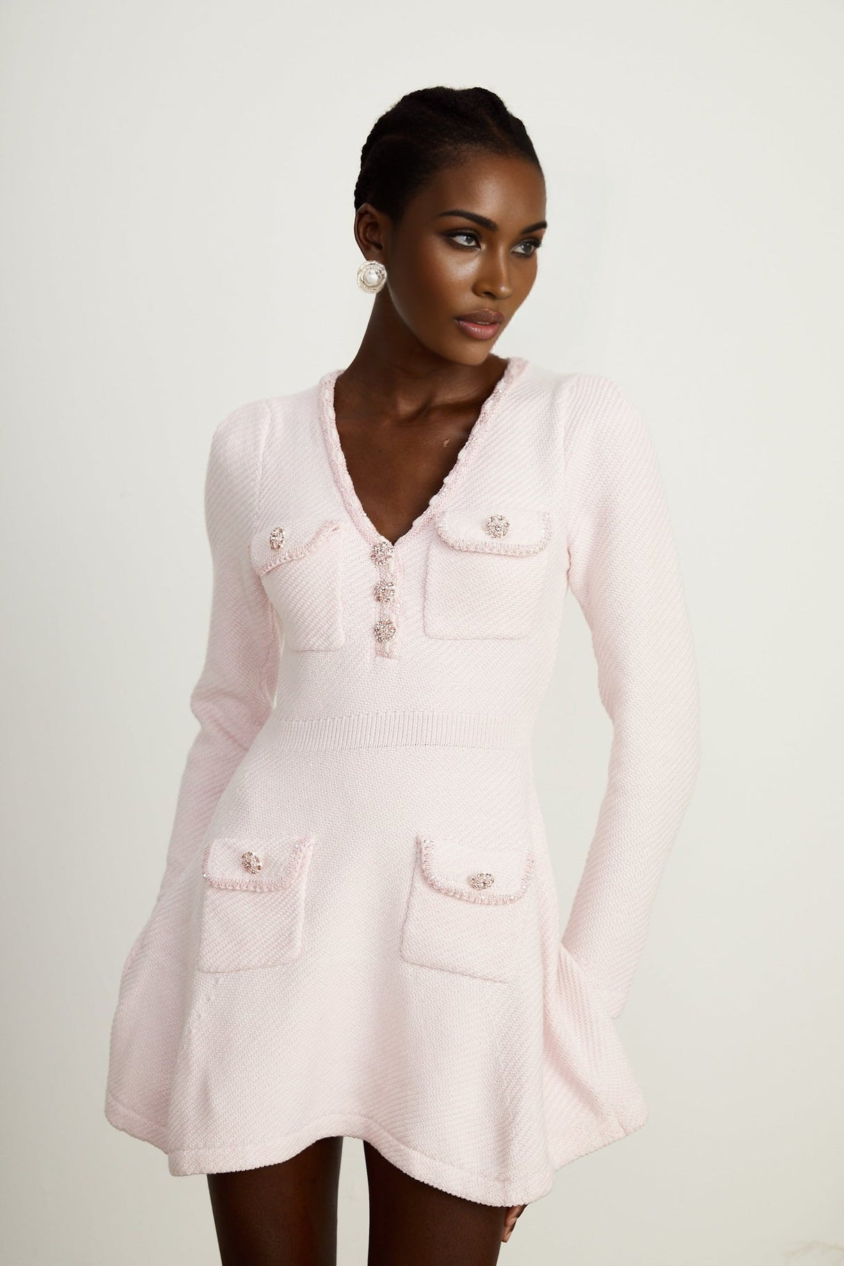 Sofia Mini Dress Pink Crystal Embellished ALine Thigh & Flap Pocket