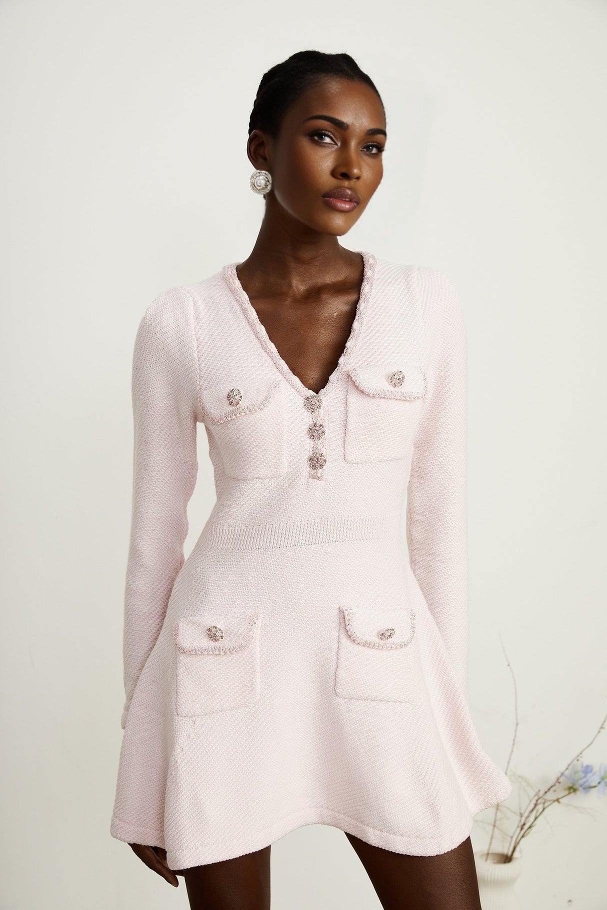 Sofia Mini Dress Pink Crystal Embellished ALine Thigh & Flap Pocket