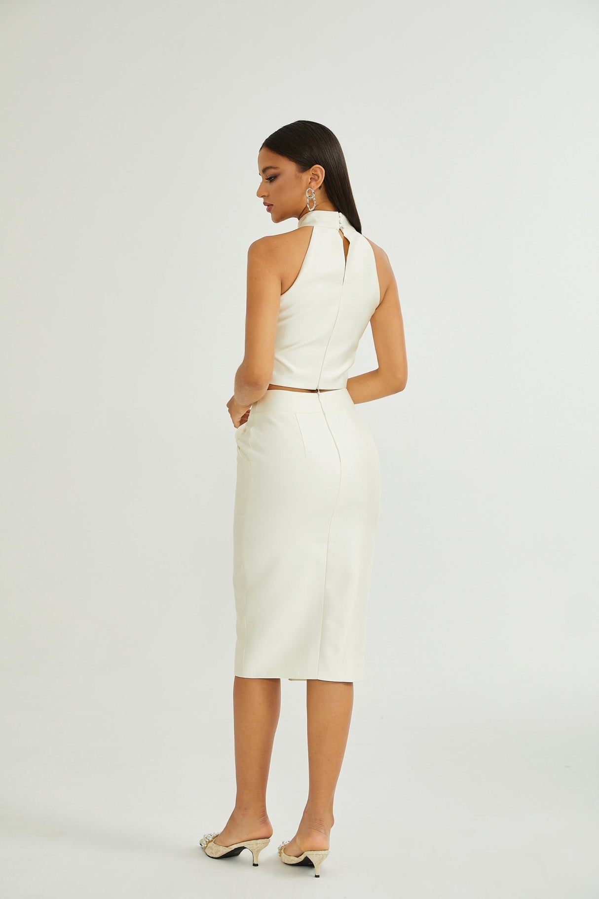 Sofia White Crystal - Embellished Top and Slit Skirt Set