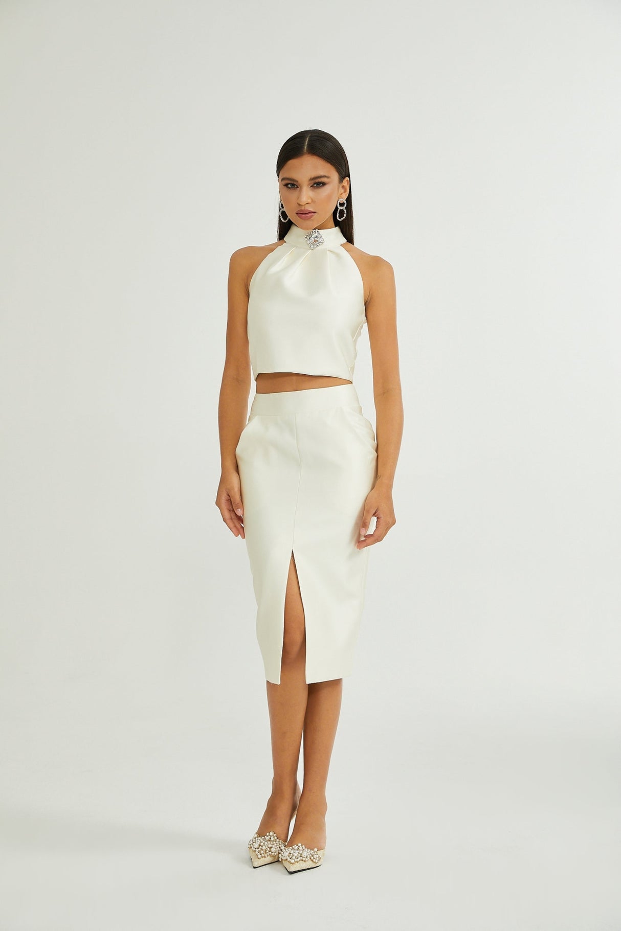 Sofia White Crystal - Embellished Top and Slit Skirt Set