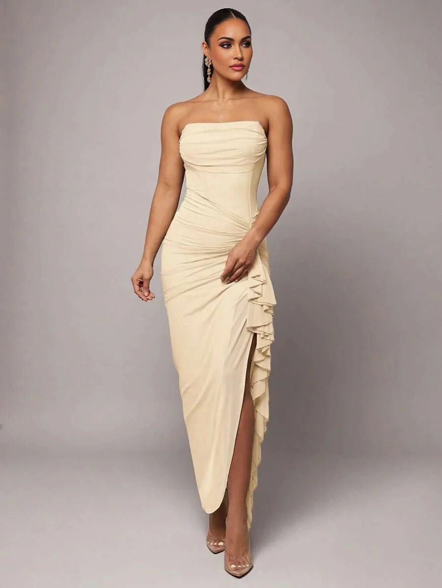 Sonia Maxi Dress - Refined Style - Slim Fit - Strapless Neckline - Sleeve Length Sleeveless - High Waist Line - Ruched, Ruffle, Split Thigh