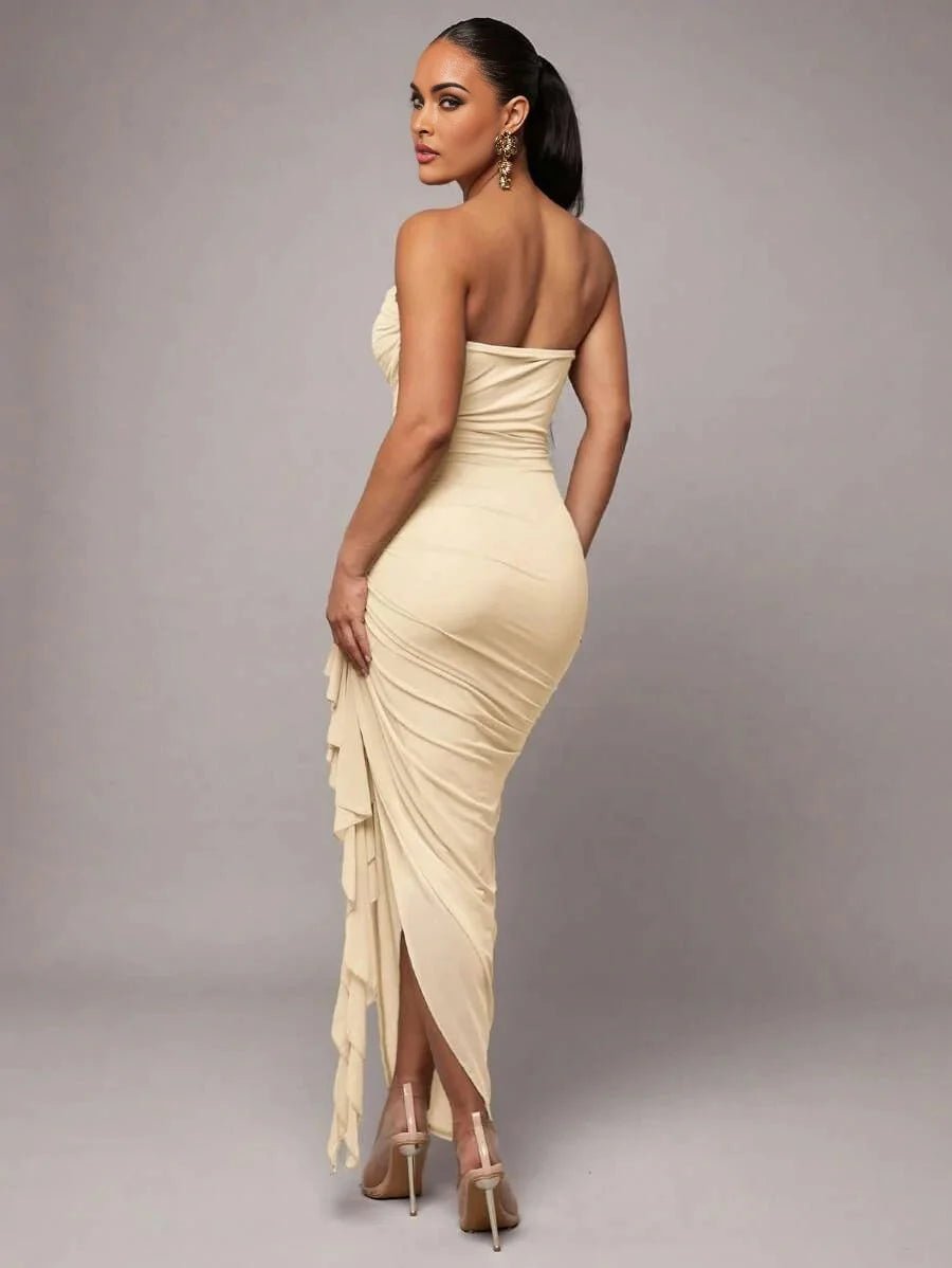 Sonia Maxi Dress - Refined Style - Slim Fit - Strapless Neckline - Sleeve Length Sleeveless - High Waist Line - Ruched, Ruffle, Split Thigh
