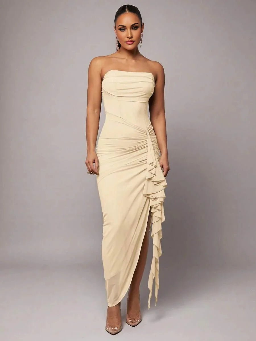 Sonia Maxi Dress - Refined Style - Slim Fit - Strapless Neckline - Sleeve Length Sleeveless - High Waist Line - Ruched, Ruffle, Split Thigh