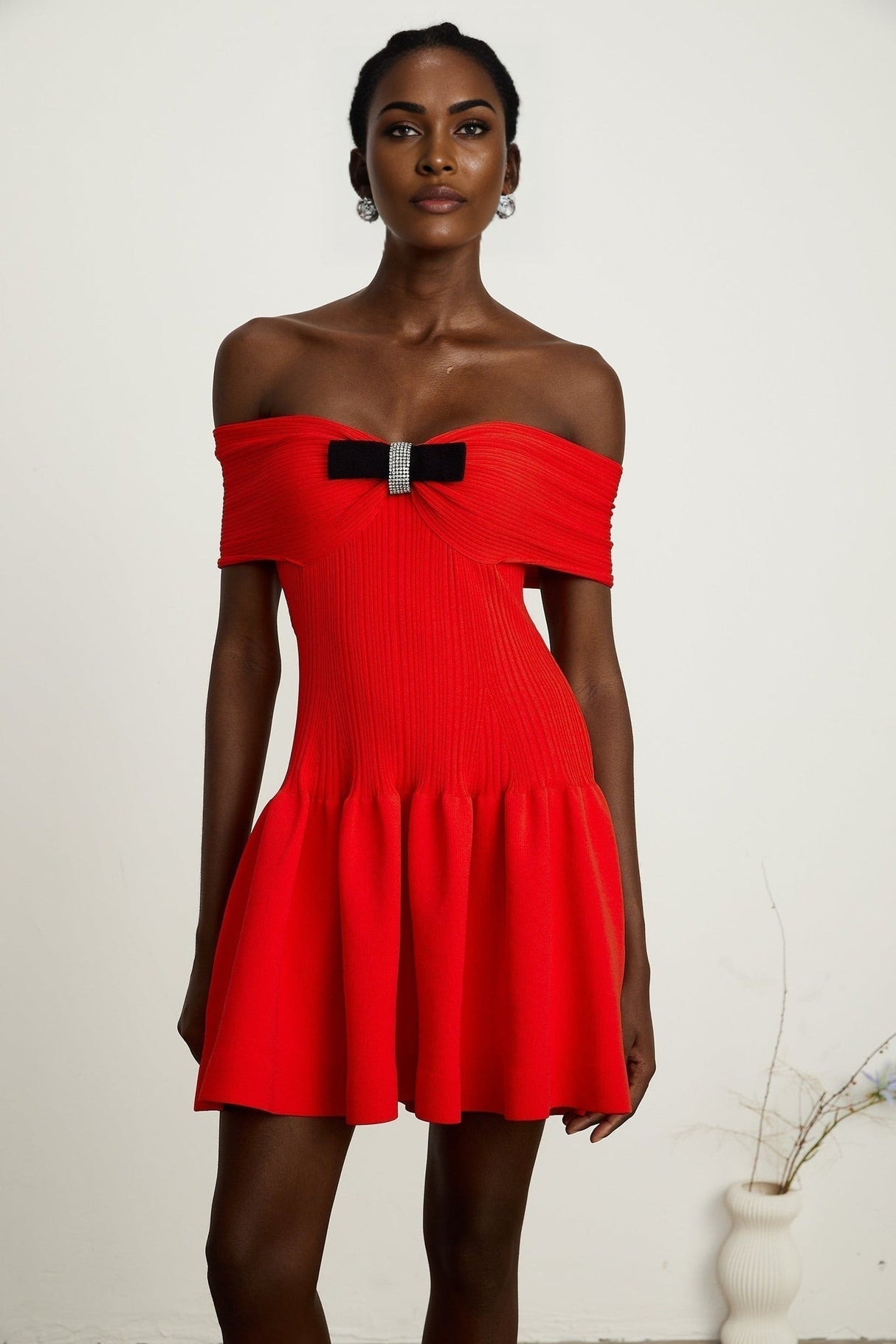 Sonia Mini Dress Red Off Shoulder Crystal Bow Flare