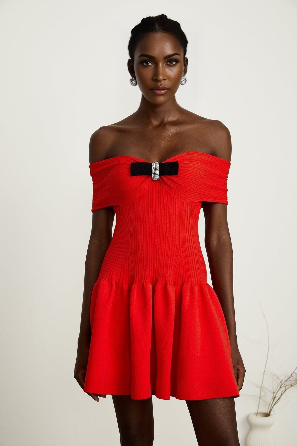 Sonia Mini Dress Red Off Shoulder Crystal Bow Flare