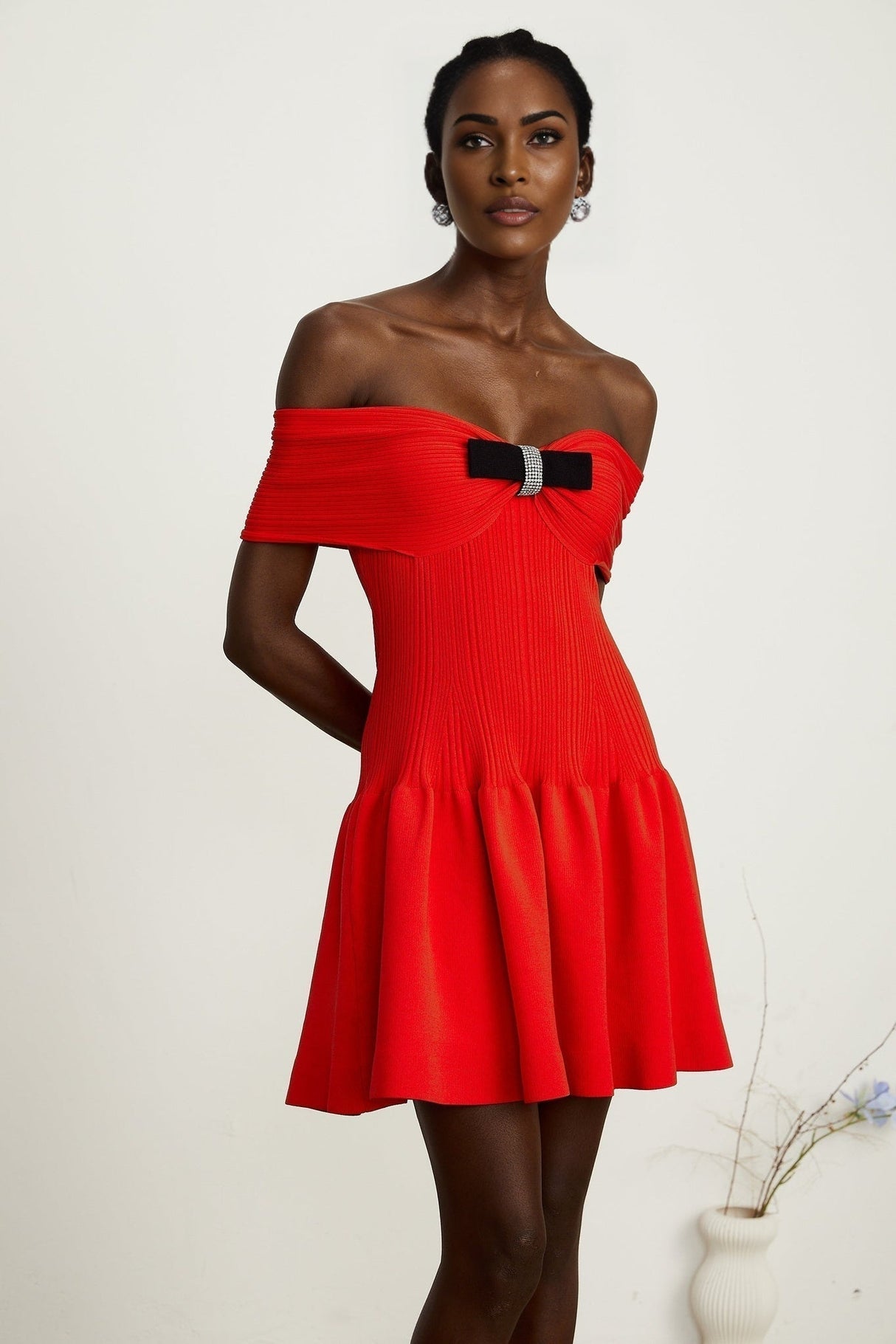 Sonia Mini Dress Red Off Shoulder Crystal Bow Flare