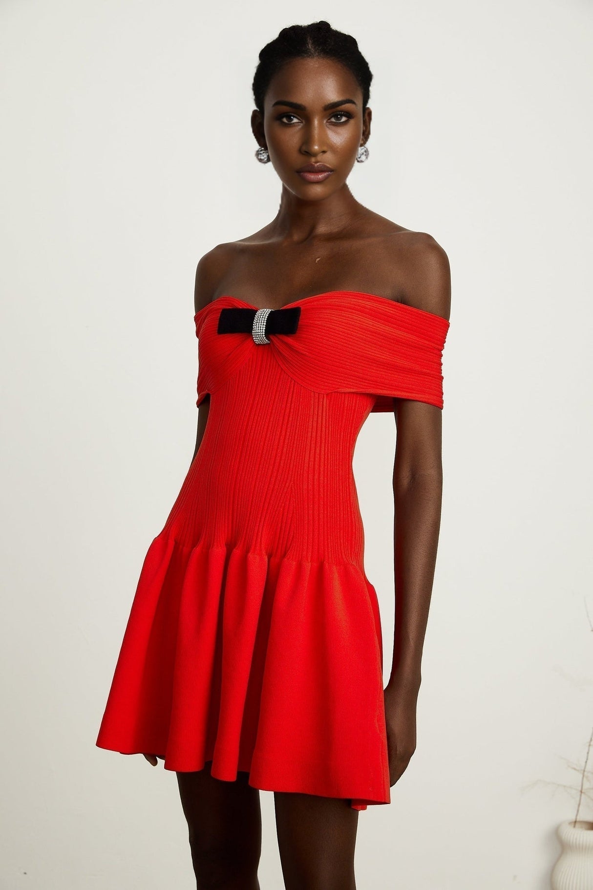 Sonia Mini Dress Red Off Shoulder Crystal Bow Flare