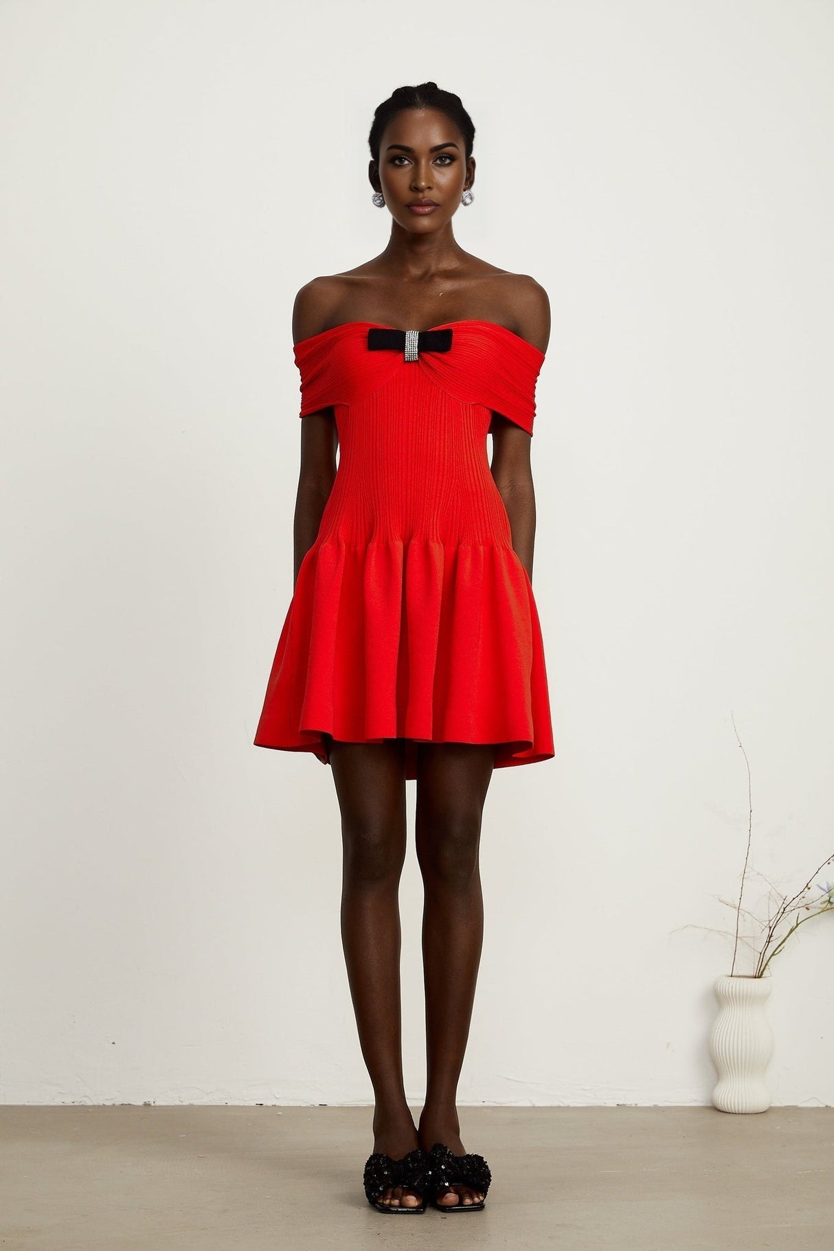 Sonia Mini Dress Red Off Shoulder Crystal Bow Flare