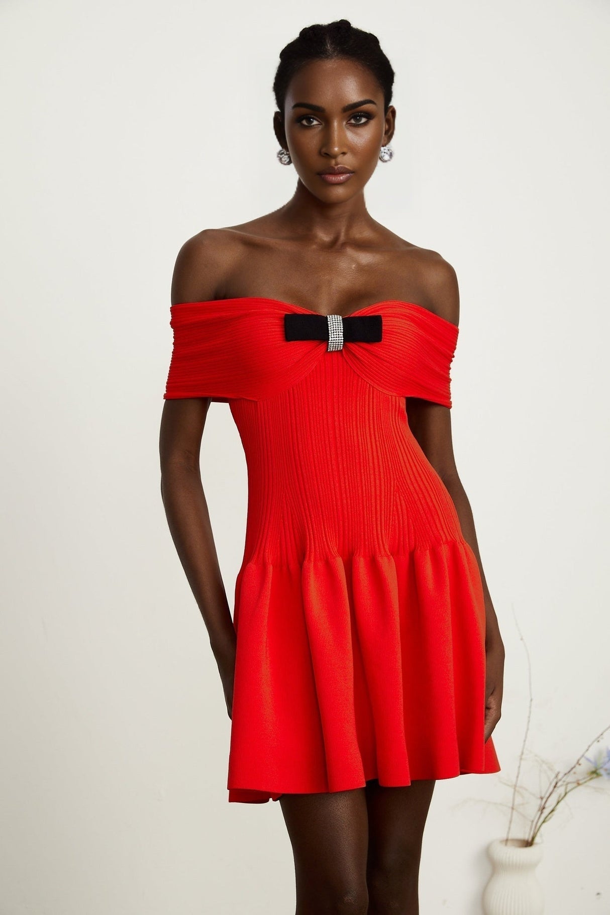Sonia Mini Dress Red Off Shoulder Crystal Bow Flare