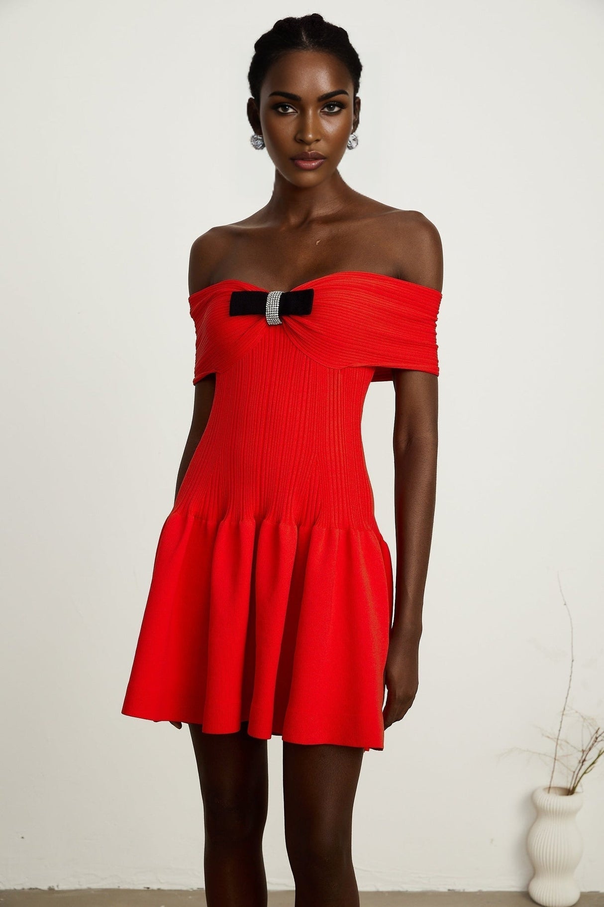 Sonia Mini Dress Red Off Shoulder Crystal Bow Flare