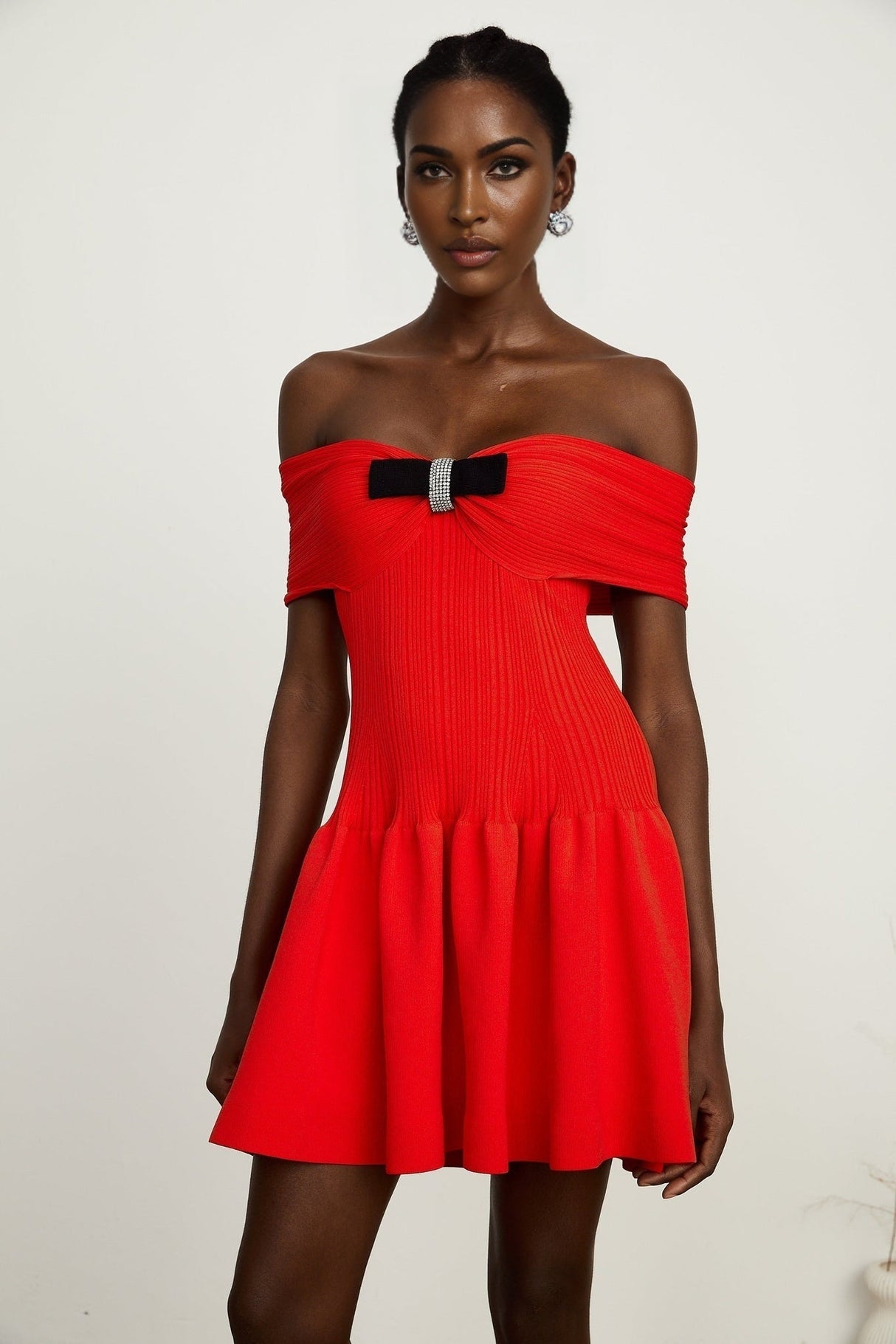 Sonia Mini Dress Red Off Shoulder Crystal Bow Flare