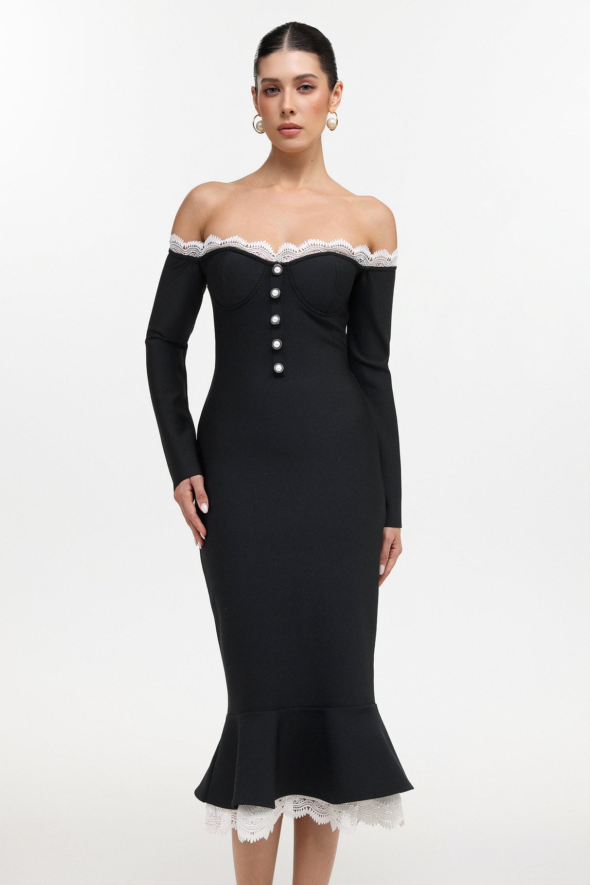 Sophia Black Lace Trim Off-Shoulder Button Front Bodycon Dress