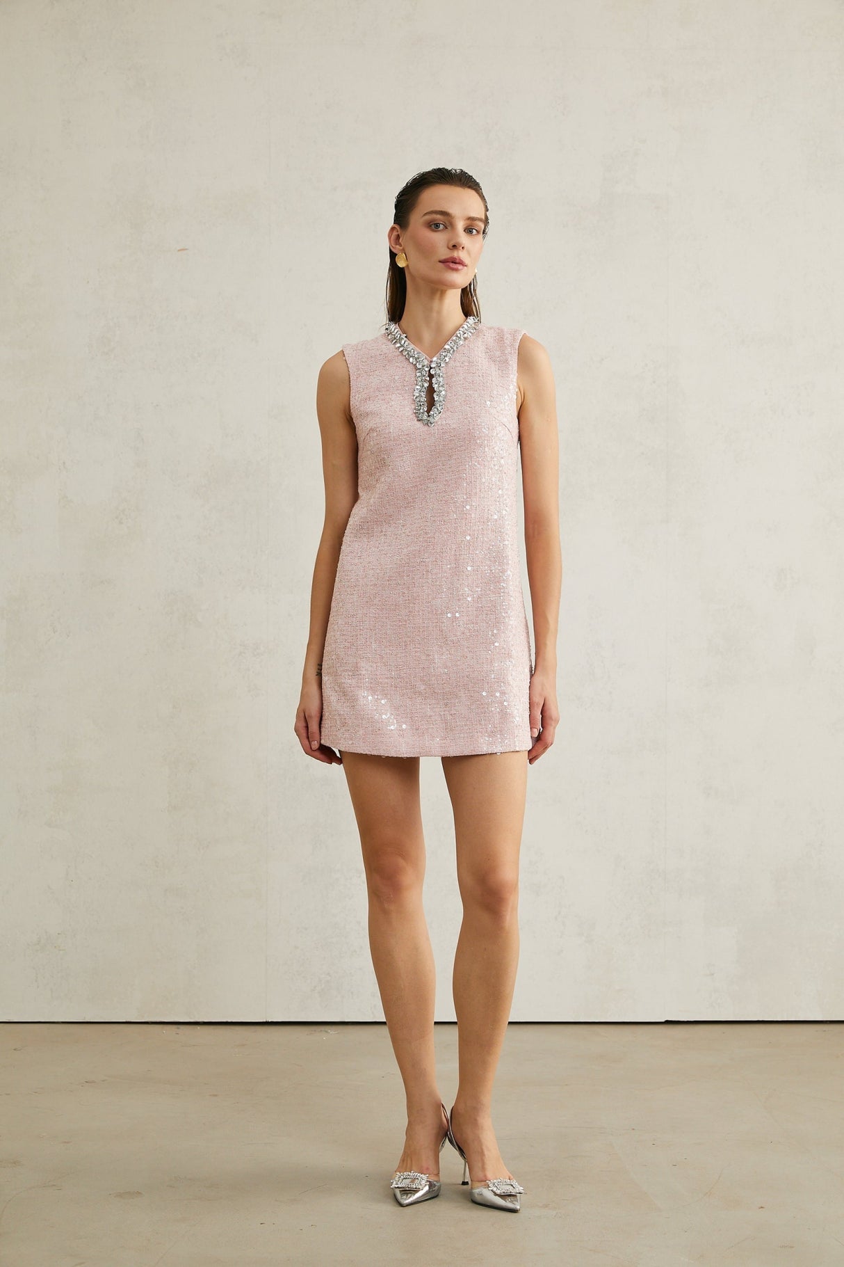 Sophia Mini Dress Pink Sequin Tweed V Neck Hem
