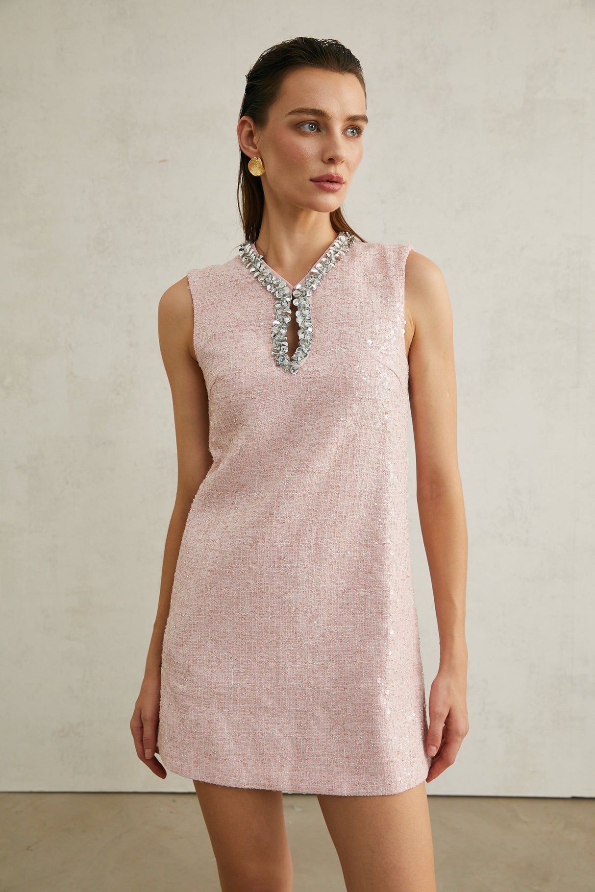 Sophia Mini Dress Pink Sequin Tweed V Neck Hem