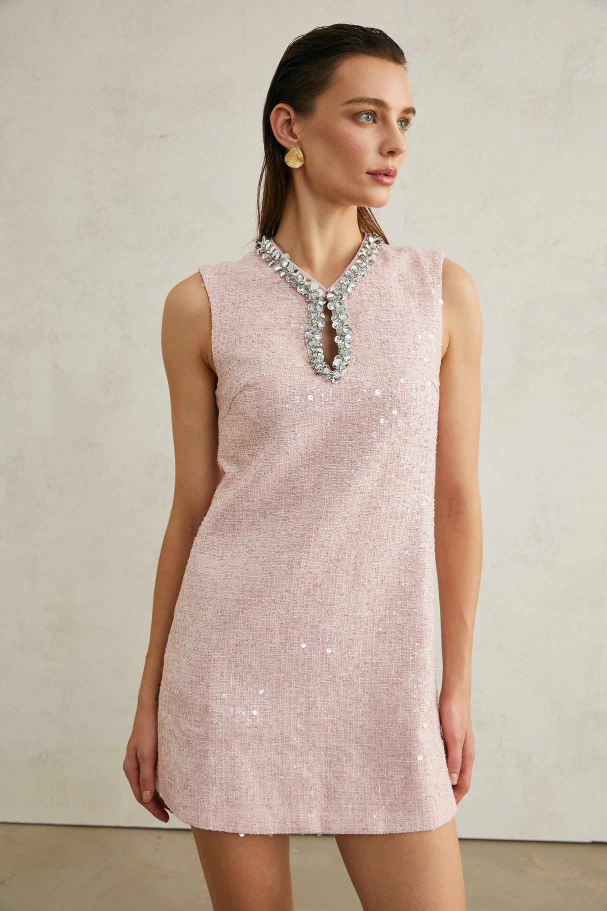 Sophia Mini Dress Pink Sequin Tweed V Neck Hem