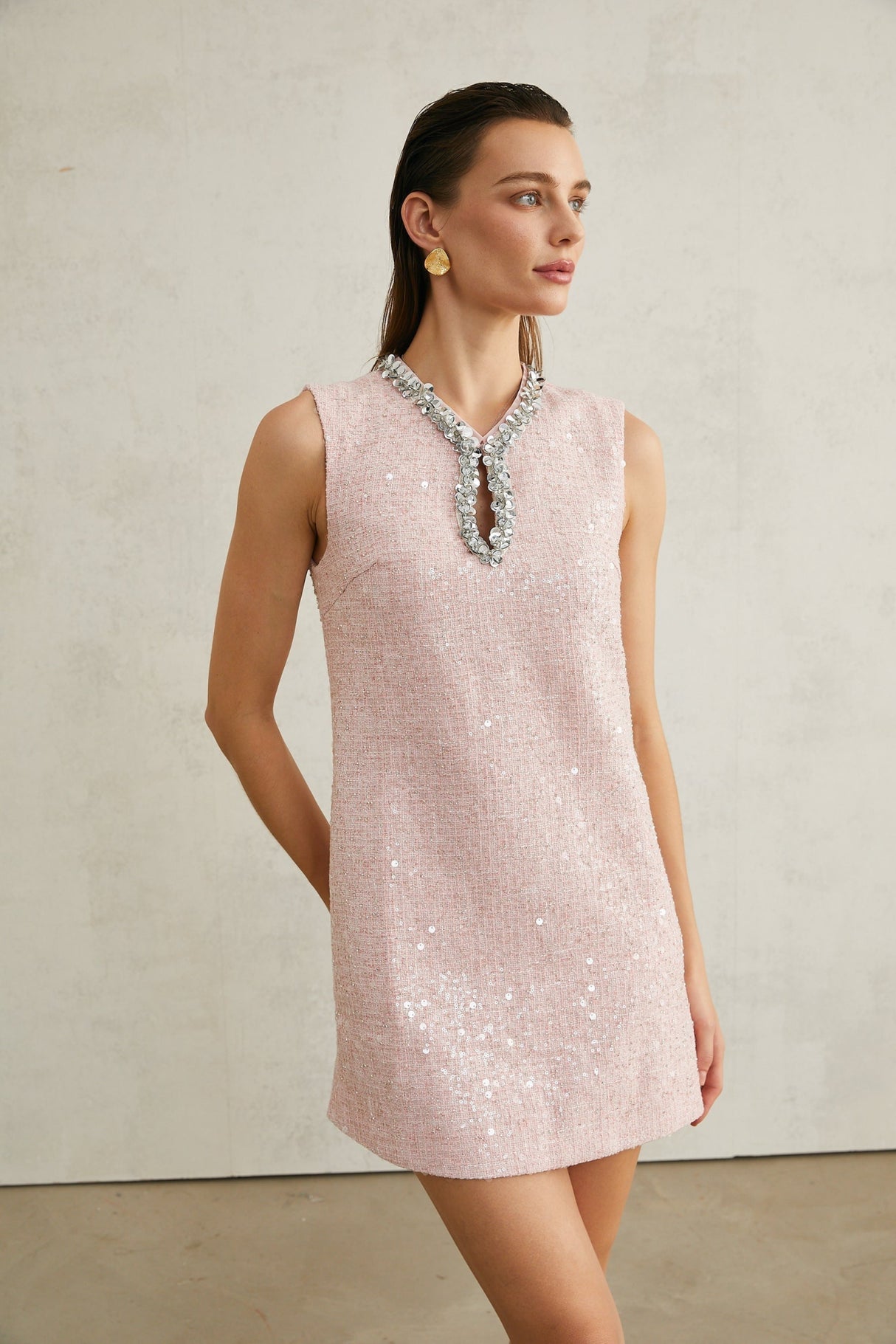 Sophia Mini Dress Pink Sequin Tweed V Neck Hem