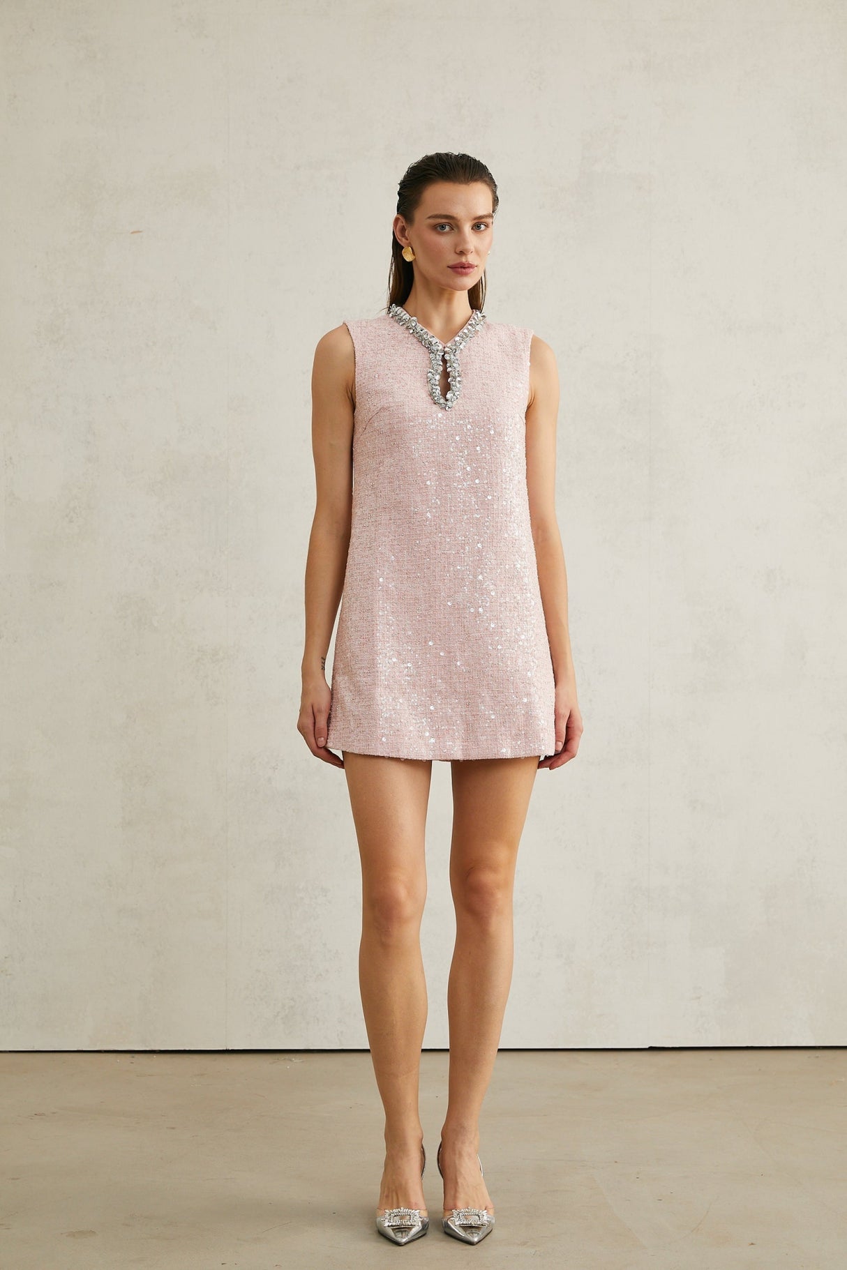 Sophia Mini Dress Pink Sequin Tweed V Neck Hem