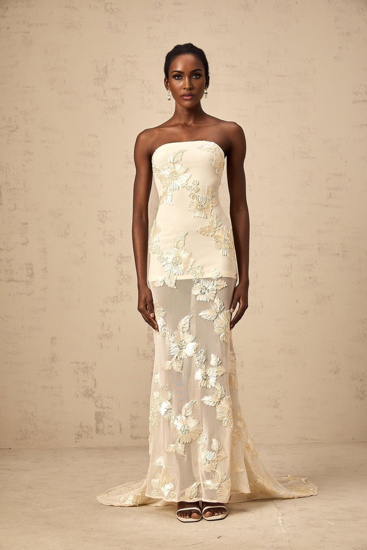 Sophia Off - Shoulder Apricot Gown with Floral Embroidery