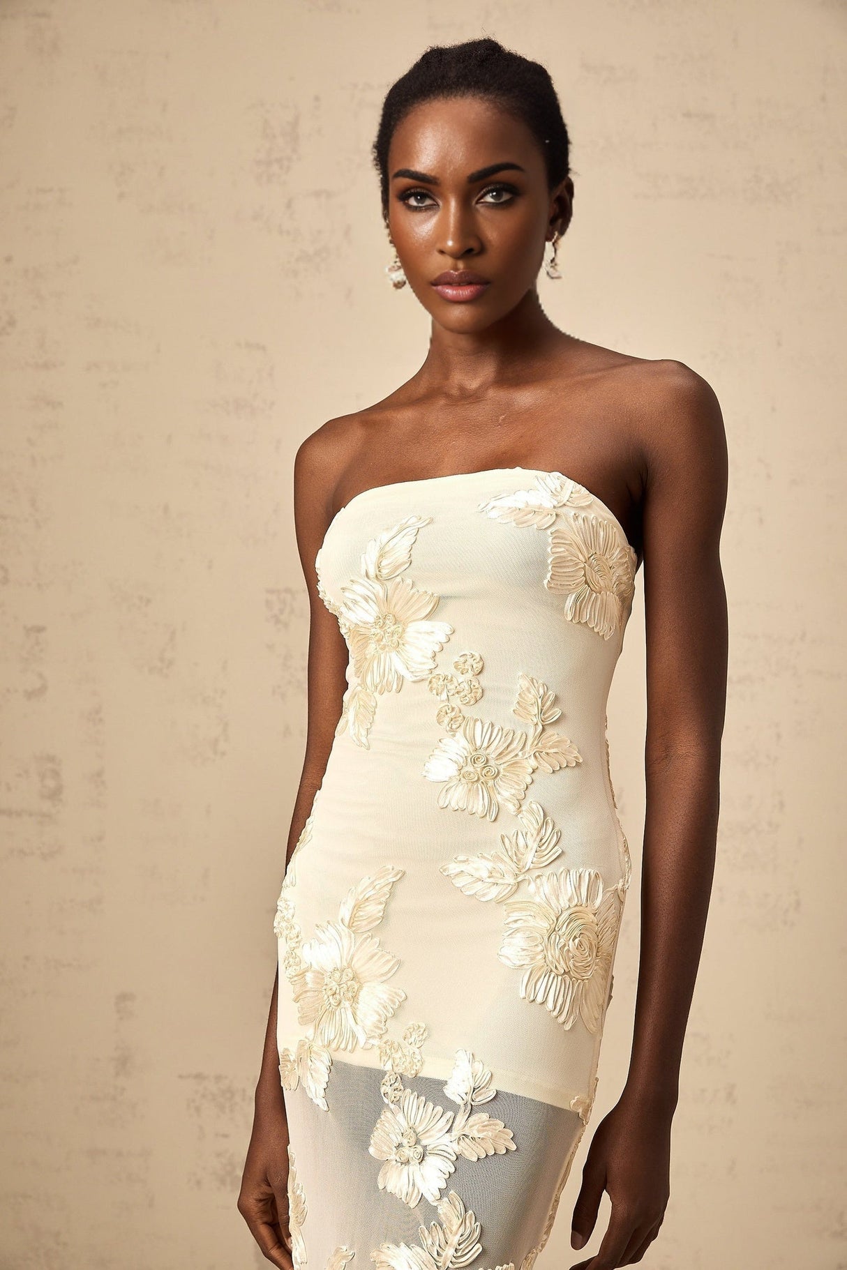 Sophia Off - Shoulder Apricot Gown with Floral Embroidery