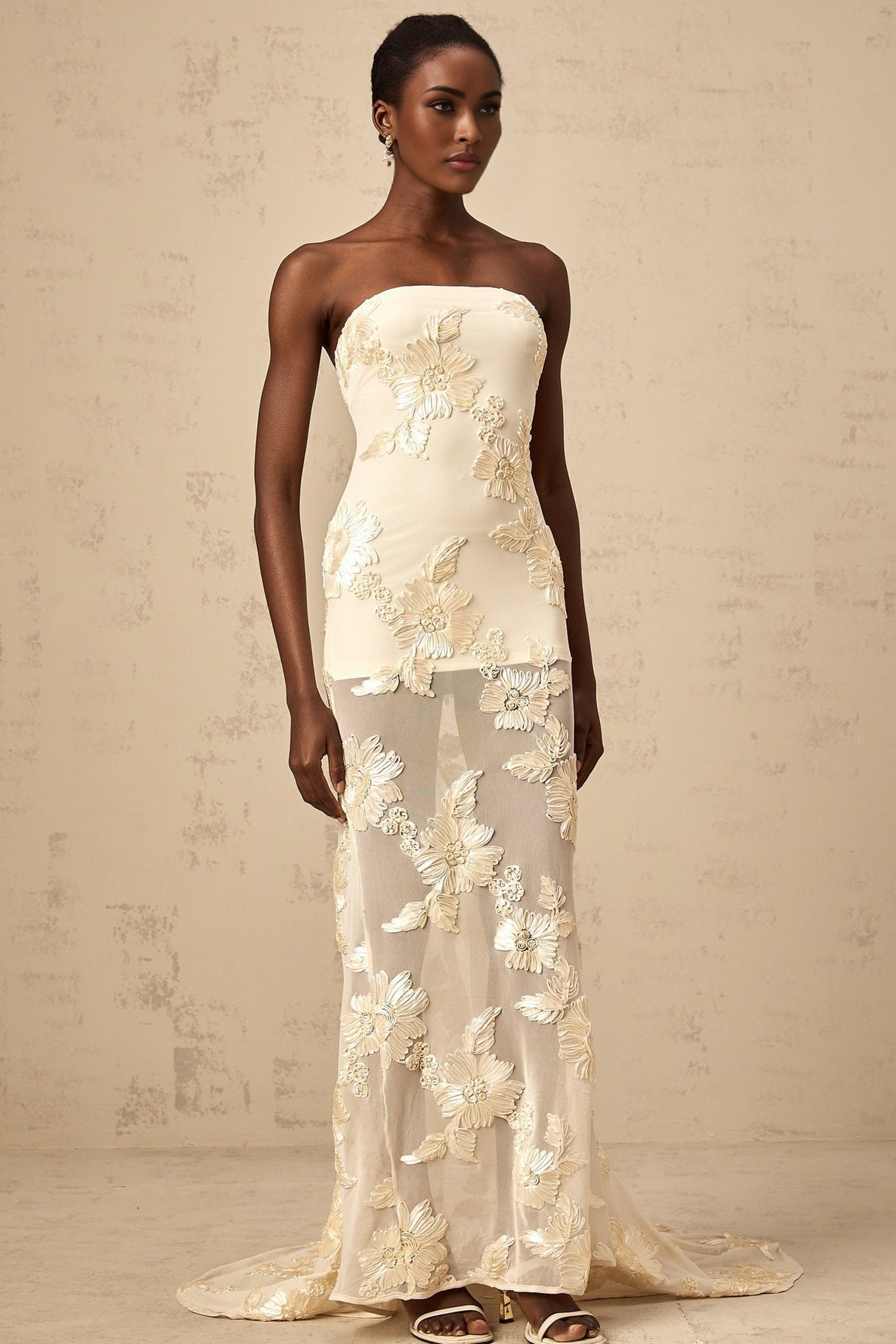 Sophia Off - Shoulder Apricot Gown with Floral Embroidery