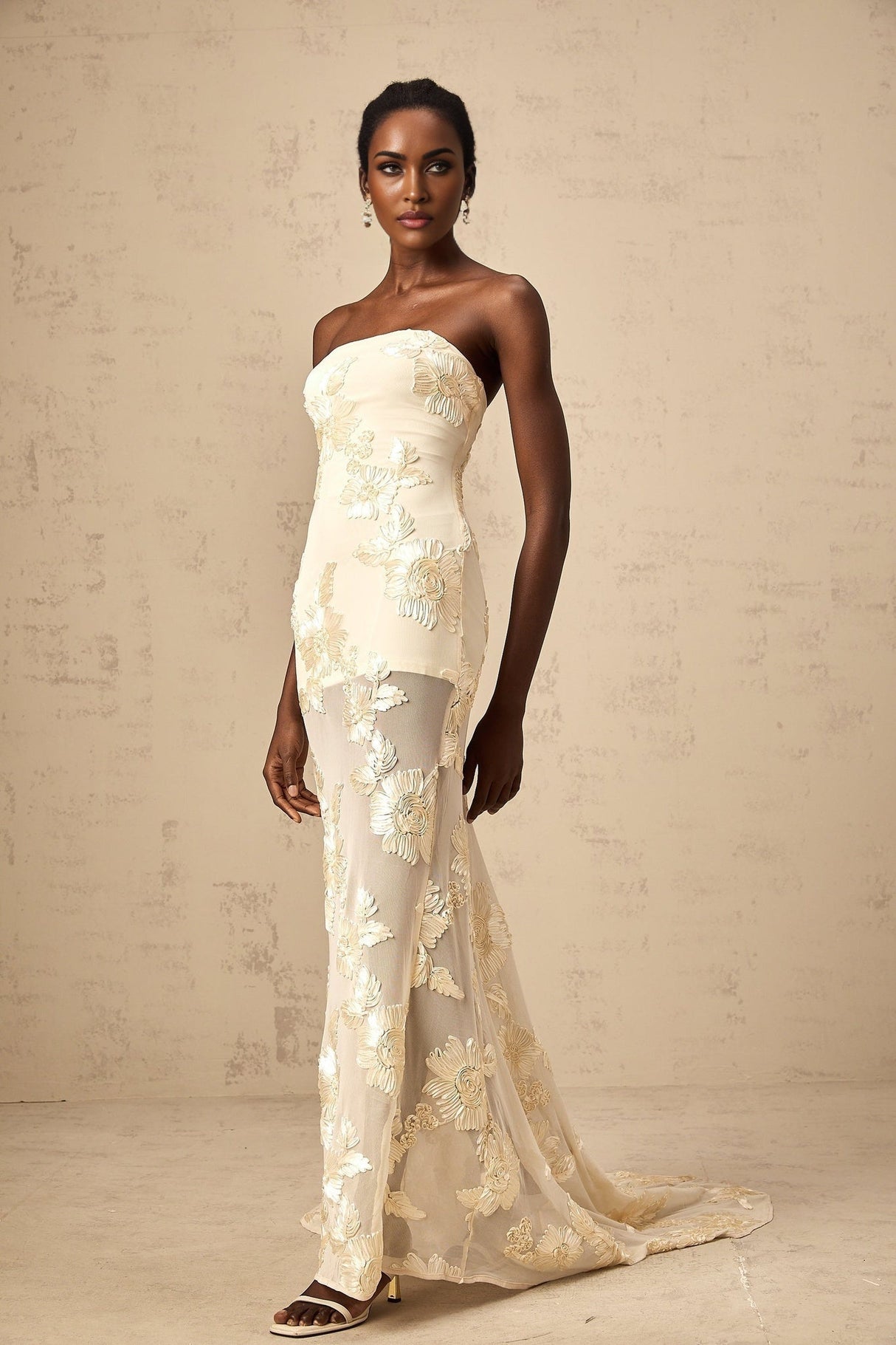 Sophia Off - Shoulder Apricot Gown with Floral Embroidery