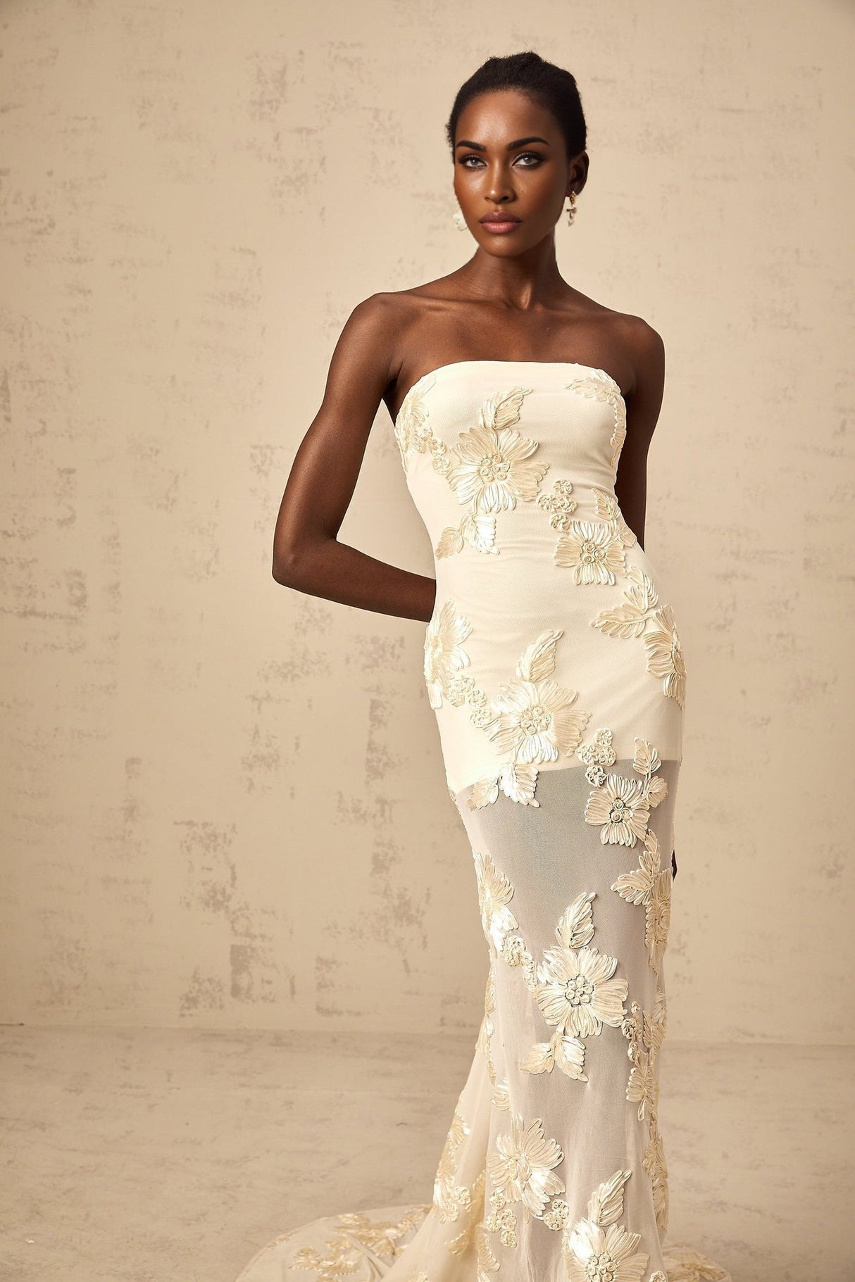 Sophia Off - Shoulder Apricot Gown with Floral Embroidery