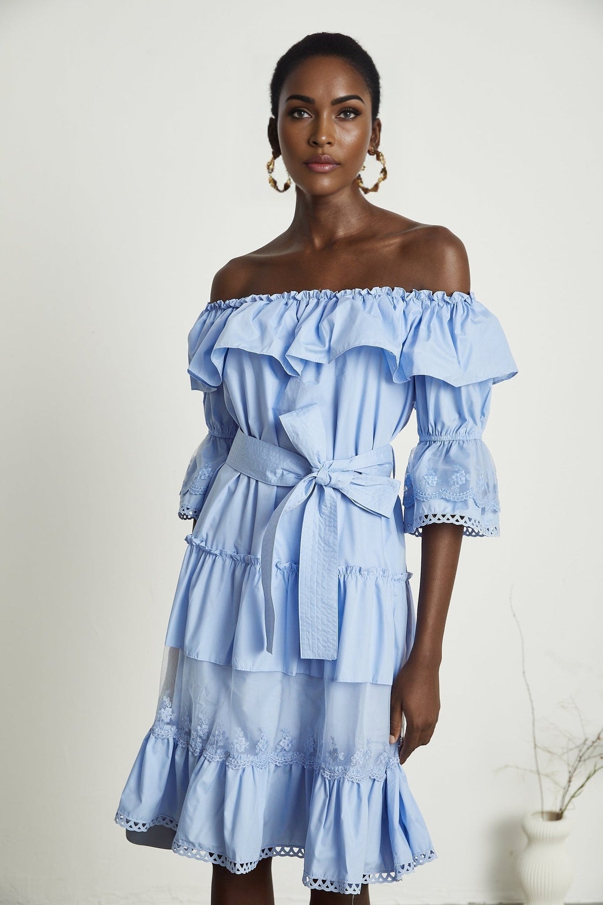 Sophie Blue Off - Shoulder Tiered Dress With Lace Trim and Waist Tie