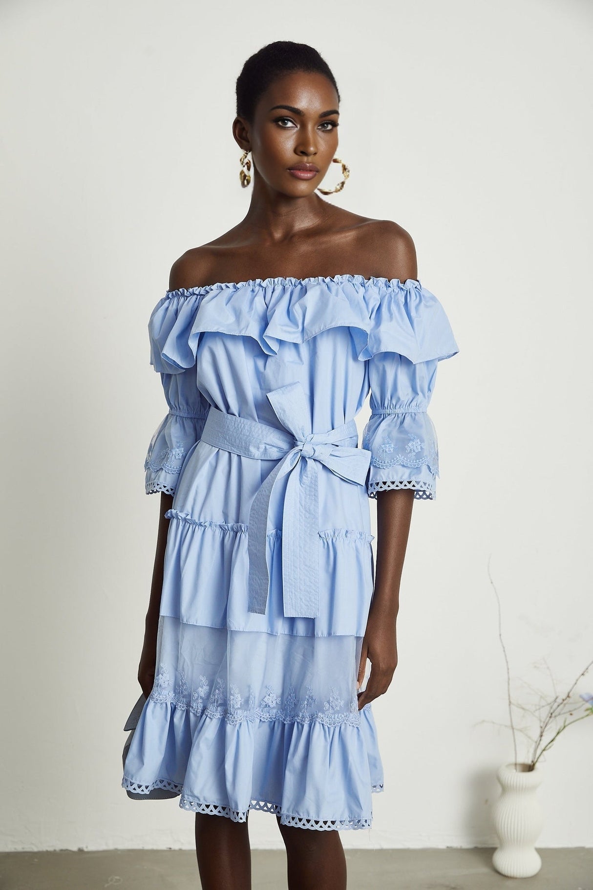 Sophie Blue Off - Shoulder Tiered Dress With Lace Trim and Waist Tie
