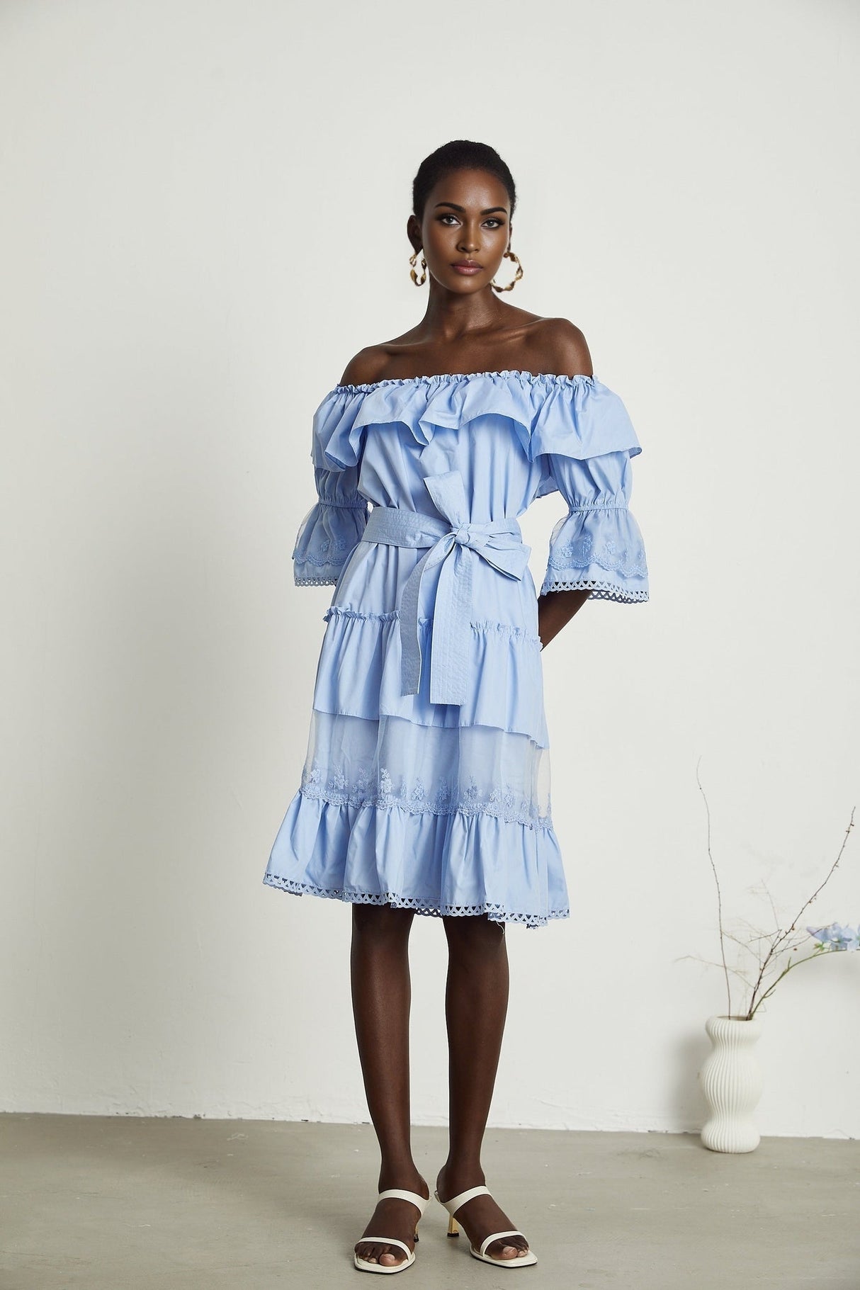 Sophie Blue Off - Shoulder Tiered Dress With Lace Trim and Waist Tie
