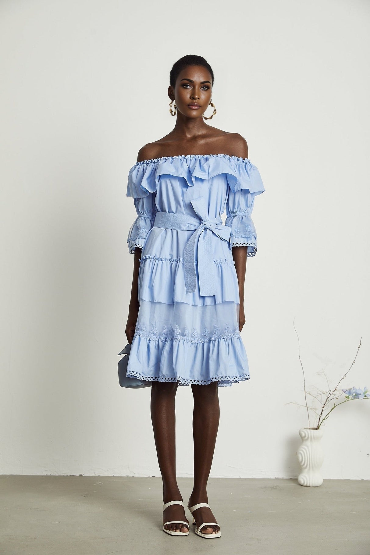 Sophie Blue Off - Shoulder Tiered Dress With Lace Trim and Waist Tie