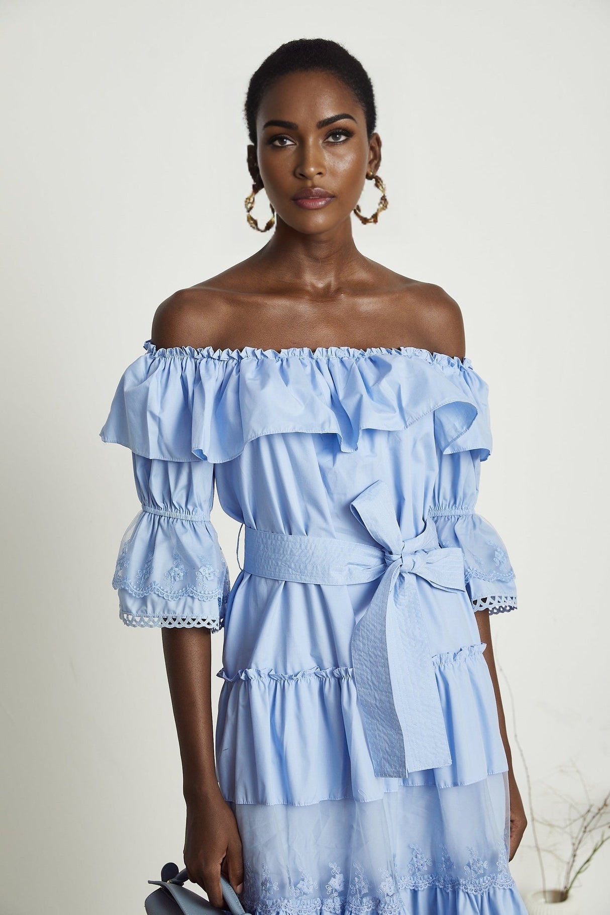 Sophie Blue Off - Shoulder Tiered Dress With Lace Trim and Waist Tie