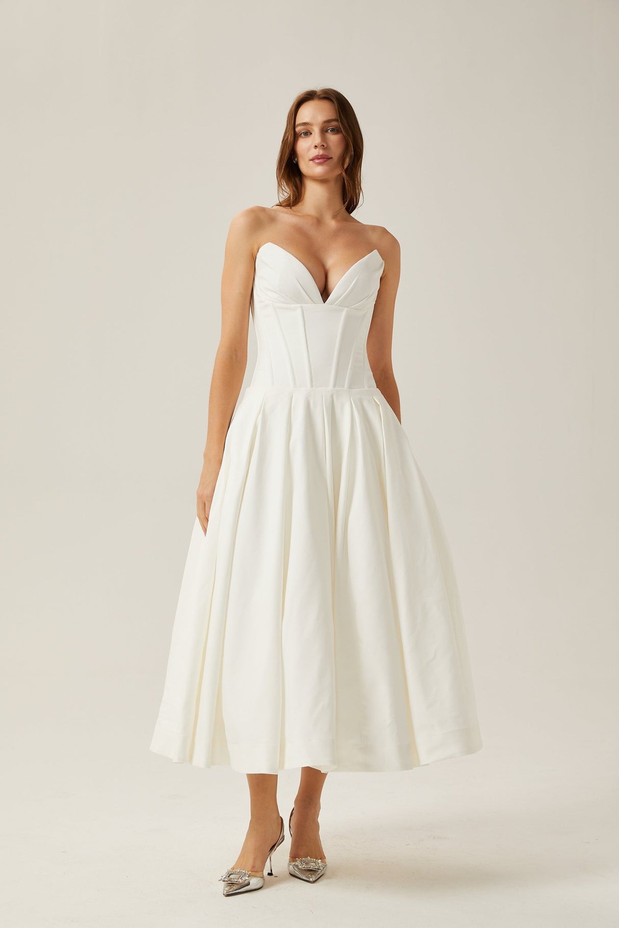 Stefania Midi Dress White Off Shoulder Corset Pleated Pockets