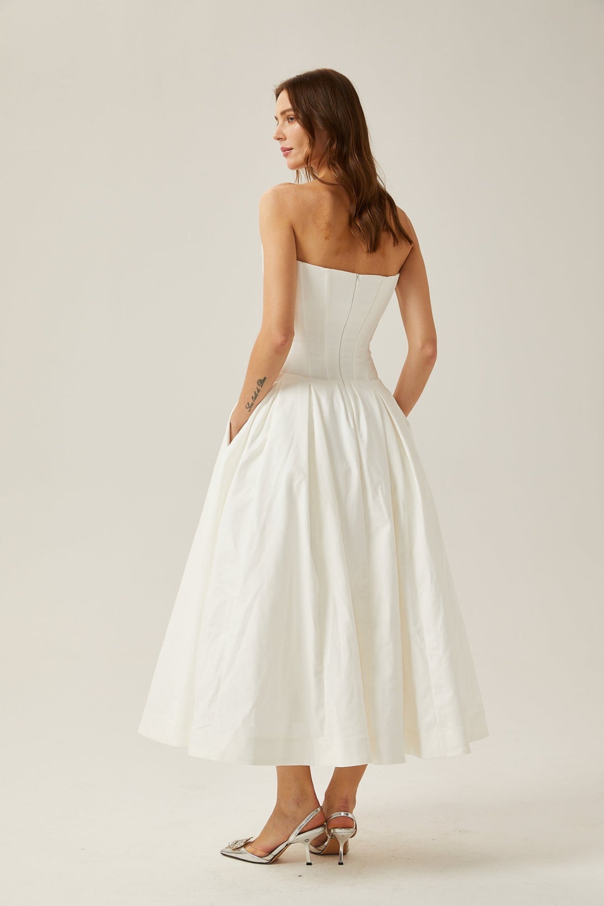 Stefania Midi Dress White Off Shoulder Corset Pleated Pockets