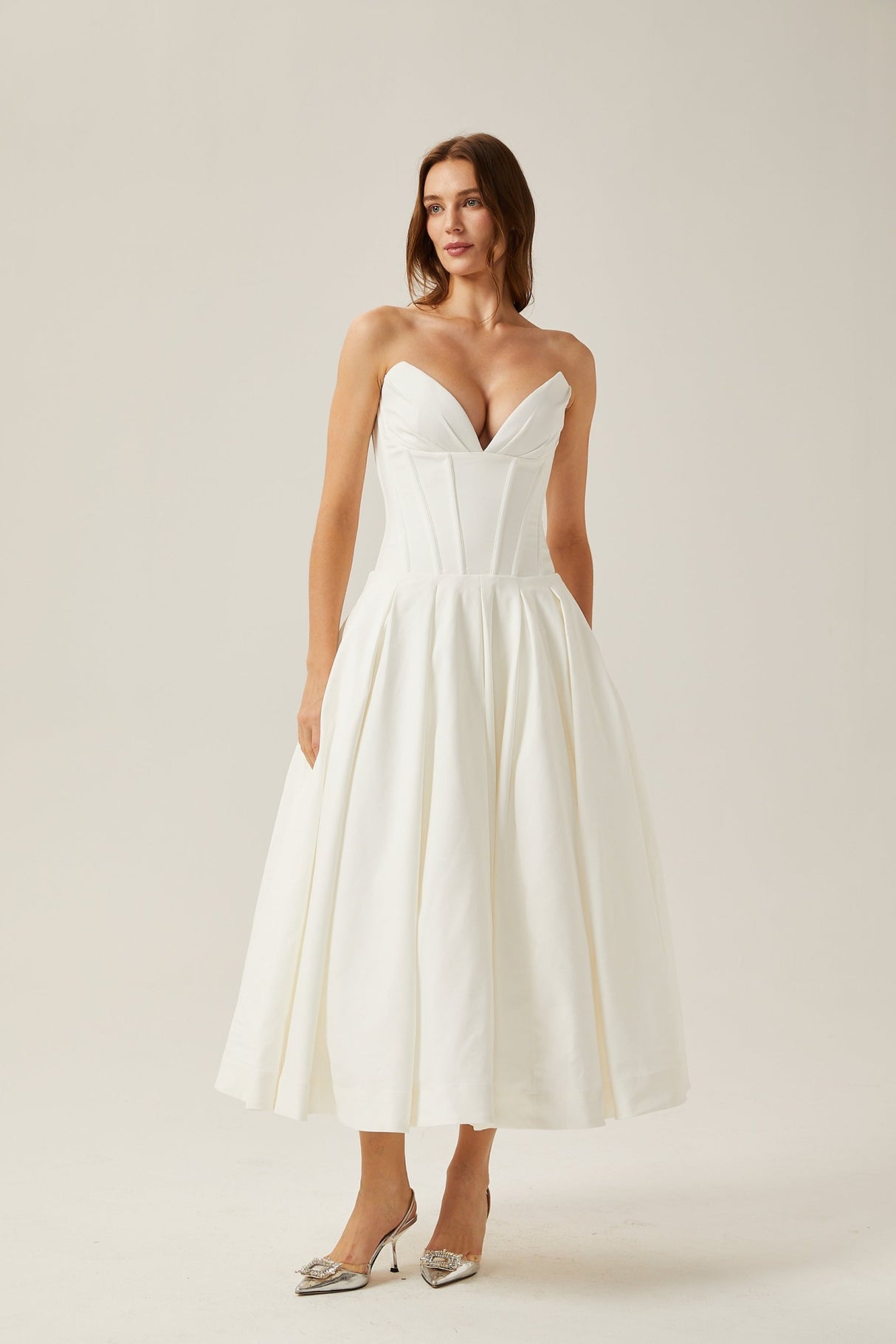 Stefania Midi Dress White Off Shoulder Corset Pleated Pockets