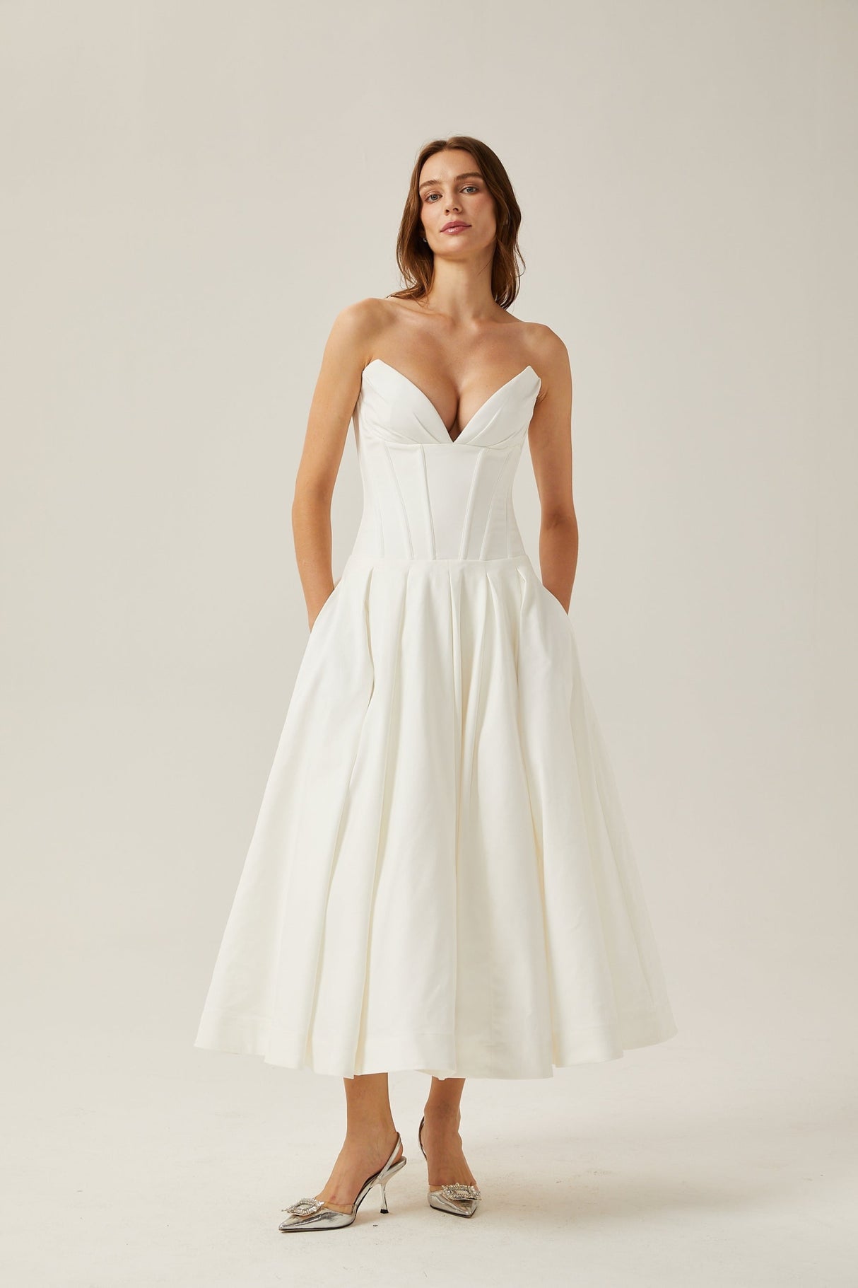 Stefania Midi Dress White Off Shoulder Corset Pleated Pockets