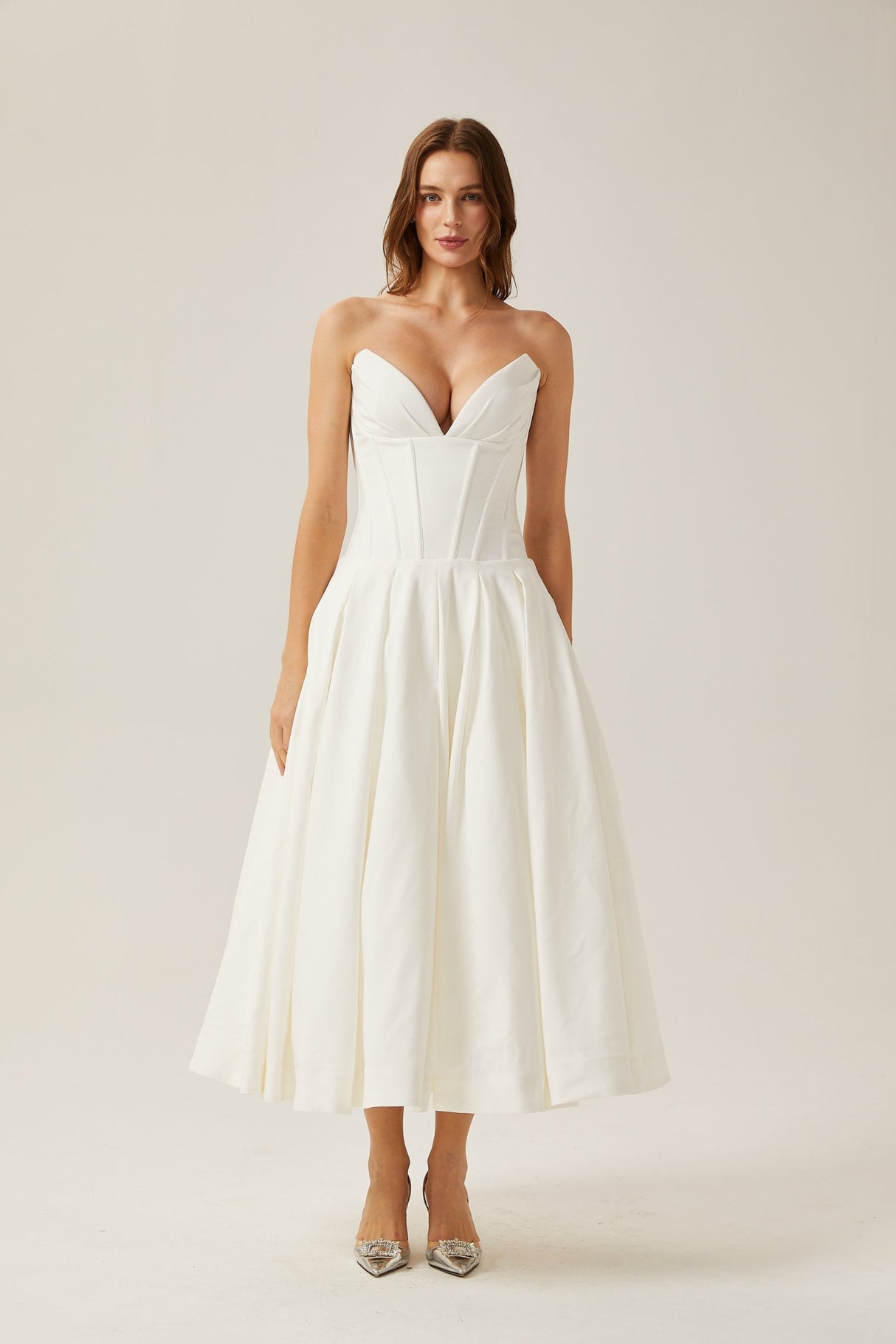 Stefania Midi Dress White Off Shoulder Corset Pleated Pockets